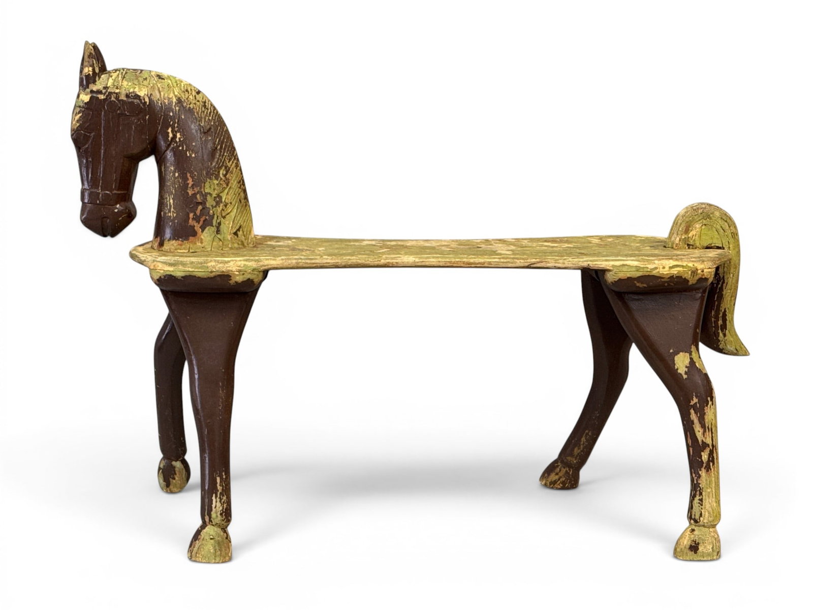 Folk Art Figural Horse-Form Bench: A Folk Art figural painted wood horse-form bench. 29-1/4in tall x 39in wide x 12in deep. | You have additional shipping options, and are not required to use Live Shipping. Additional shipping and