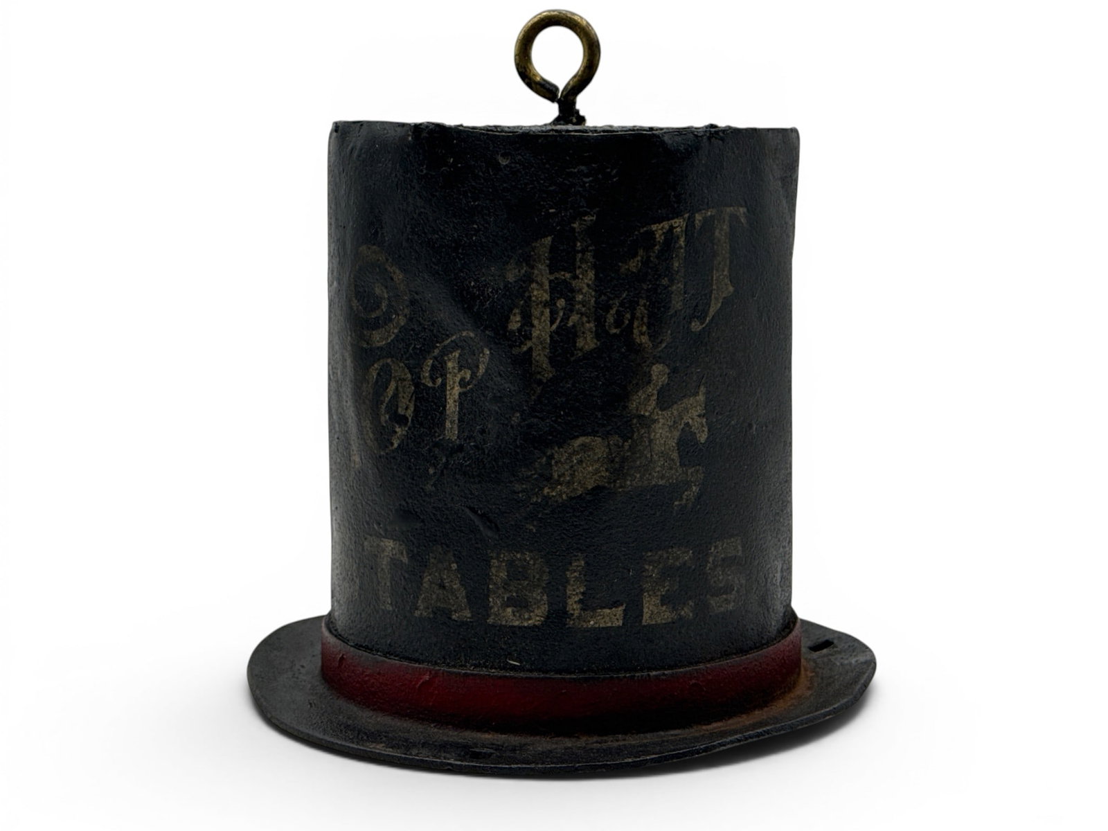 Painted Metal Hat-Form Trade Sign: A contemporary painted metal hat-form trade sign, marked "Top Hat Stables" with a leaping horse on one side and the number "4" on the other. 9in tall x 9in wide. | You have additional shipping