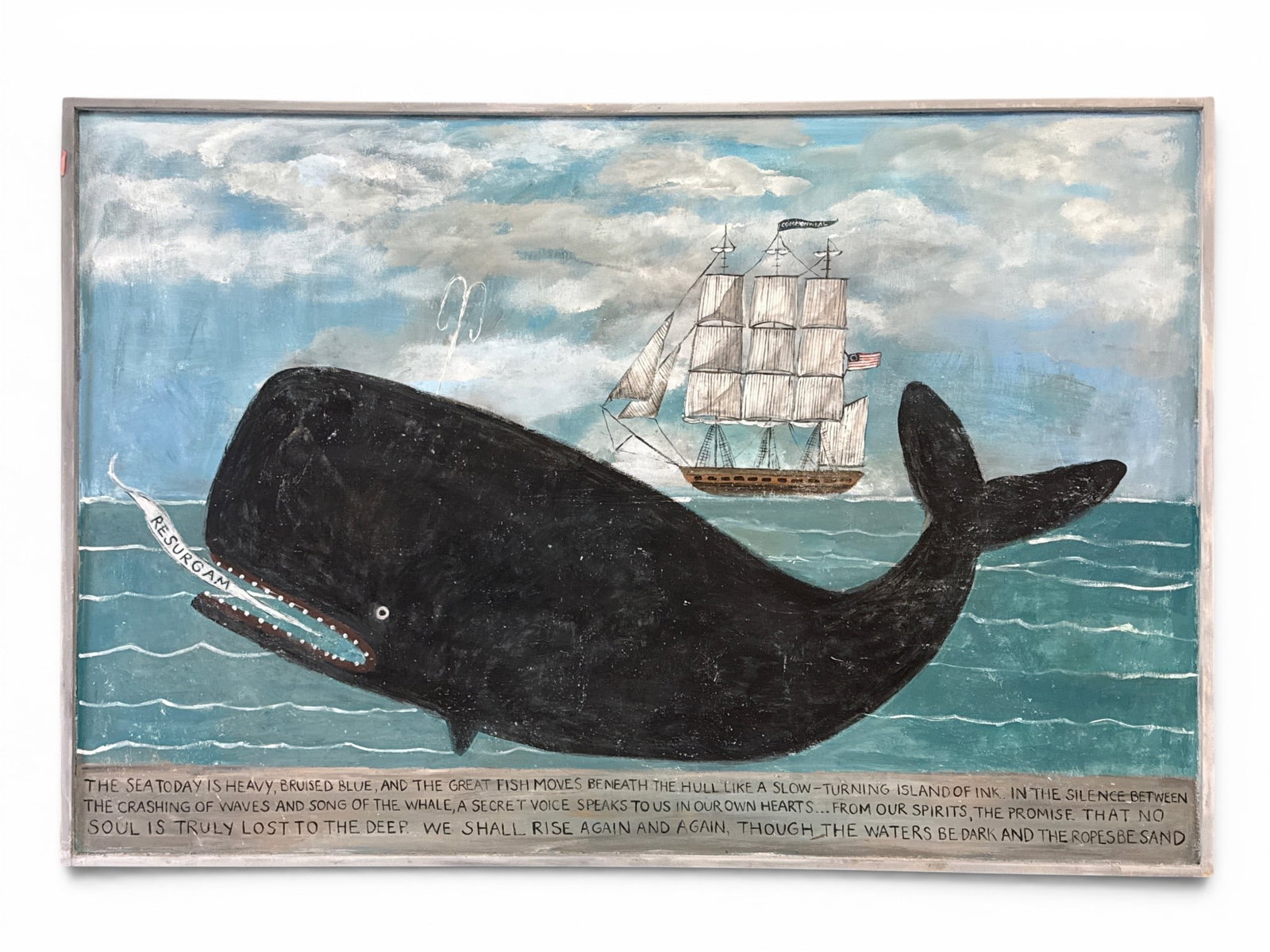 Melinda Kirkpatrick Painting/Panel: Whale at Harbor: Melinda Kirkpatrick (American, Contemporary). A large format New England Folk Art painting on panel depicting a whimsical whale and three-masted ship. Unsigned and framed. Outside frame: 49 in x 74