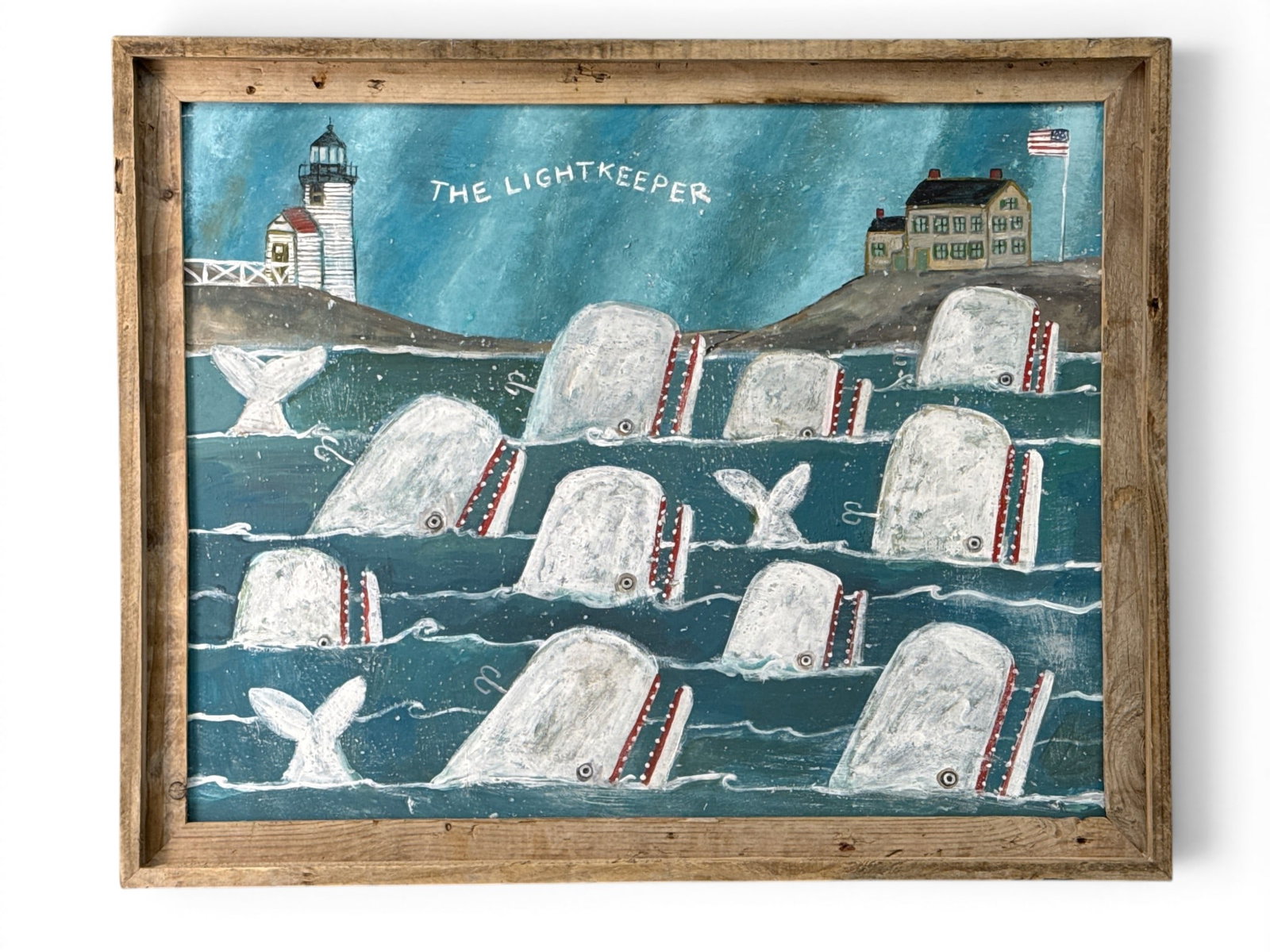 Melinda Kirkpatrick Painting/Panel: The Lightkeeper: Melinda Kirkpatrick (American, Contemporary). A New England Folk Art painting on panel depicting several whales in a harbor landscape titled "The Lightkeeper". In a natural wood frame. Panel: 22in x 2
