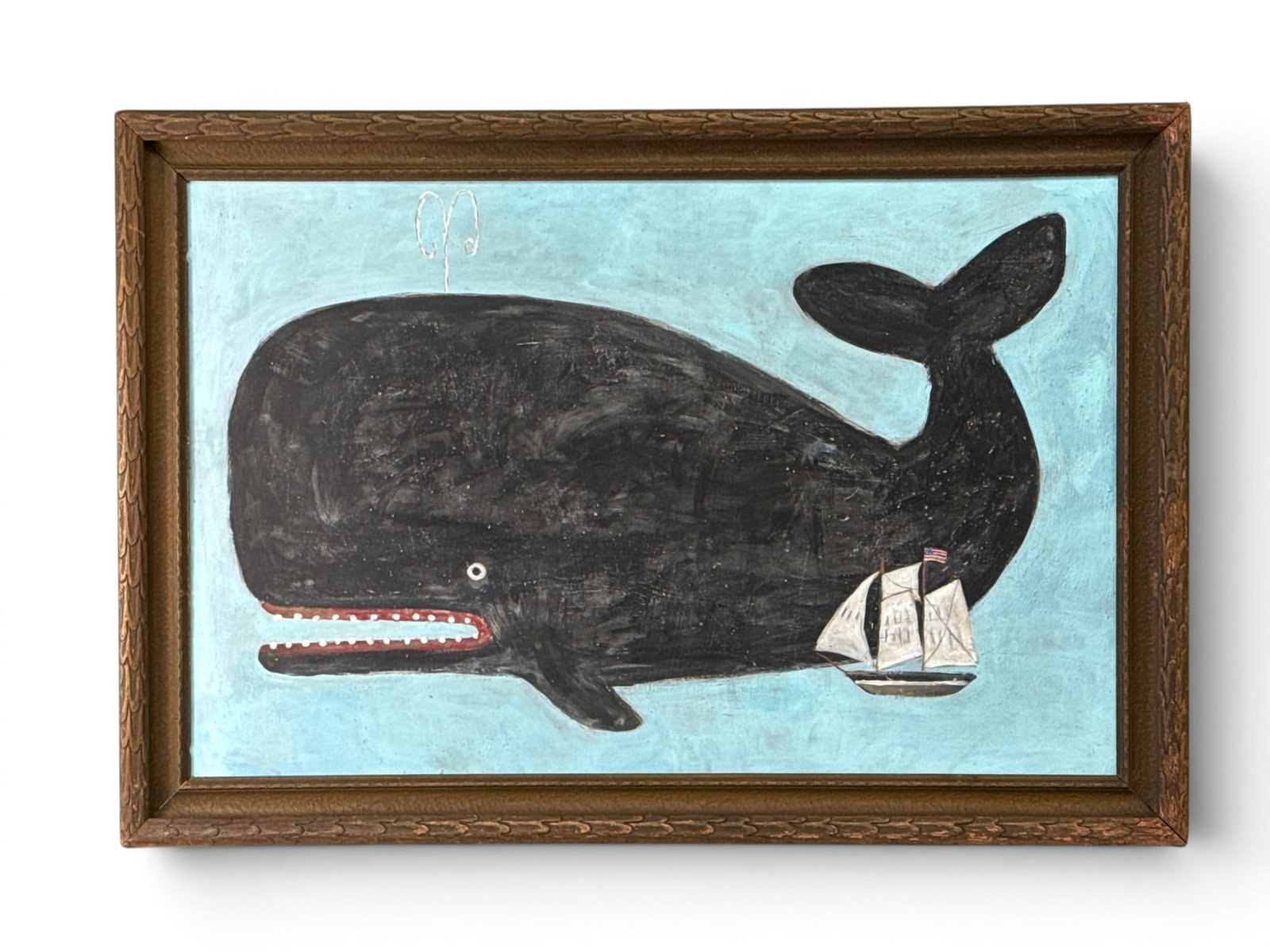 Melinda Kirkpatrick Painting/Panel: Whale: Melinda Kirkpatrick (American, Contemporary). A New England Folk Art painting on panel depicting an oversized whale and sailboat. Gilt framed. Panel: 26in x 40in. Outside frame: 31-1/2in x 45-3/4in. |