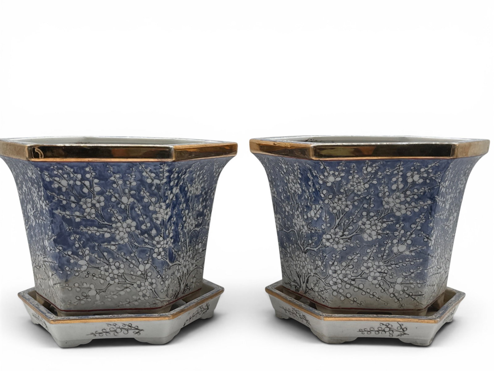 Pair of Japanese Blue & White Hexagonal Planters (1 of 5)