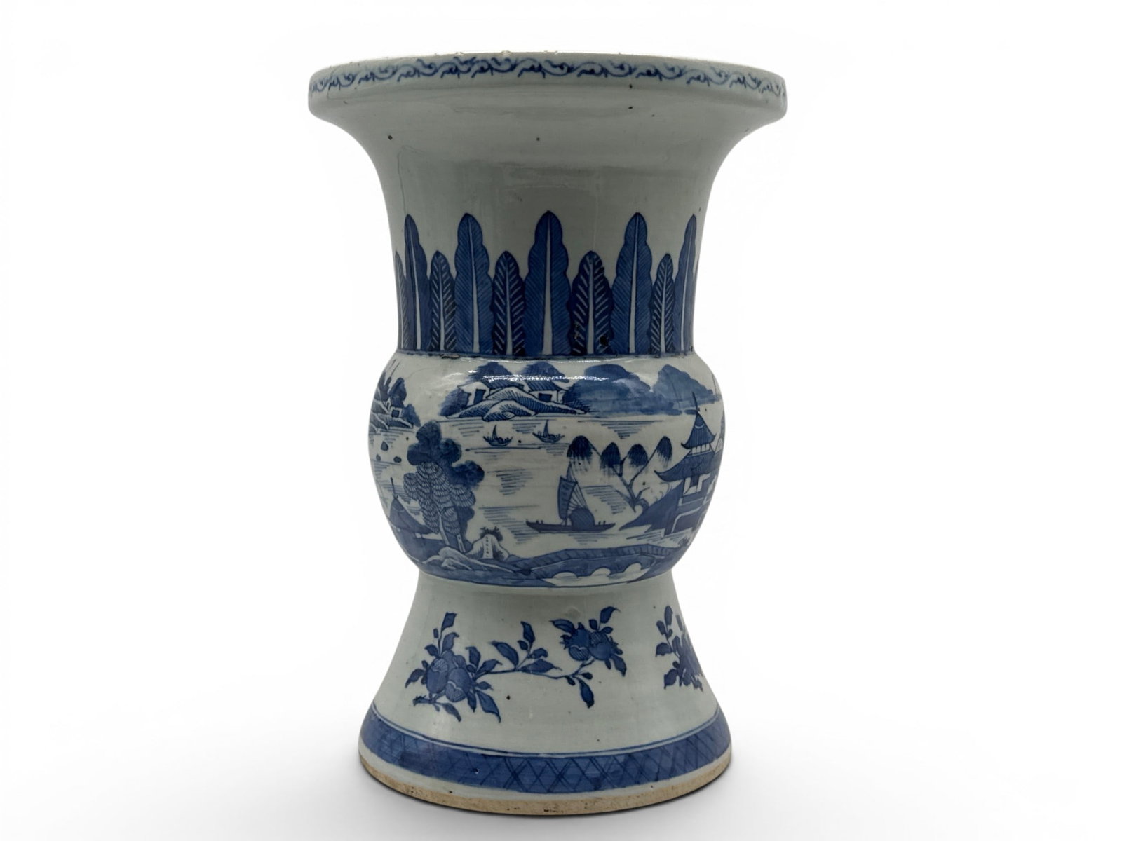 Chinese Export Canton Blue & White Porcelain Gu Vase (1 of 8)
