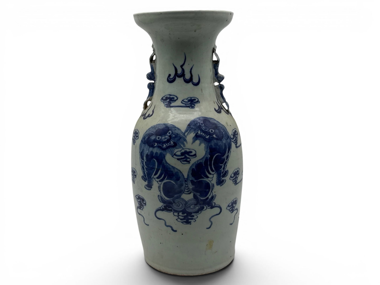 Chinese Porcelain Foo Dog Vase: A Chinese blue and white porcelain vase with foo dog decoration and applied handles. 17-1/2in tall x 7in wide. | You have additional shipping options, and are not required to use Live Shipping. Additi
