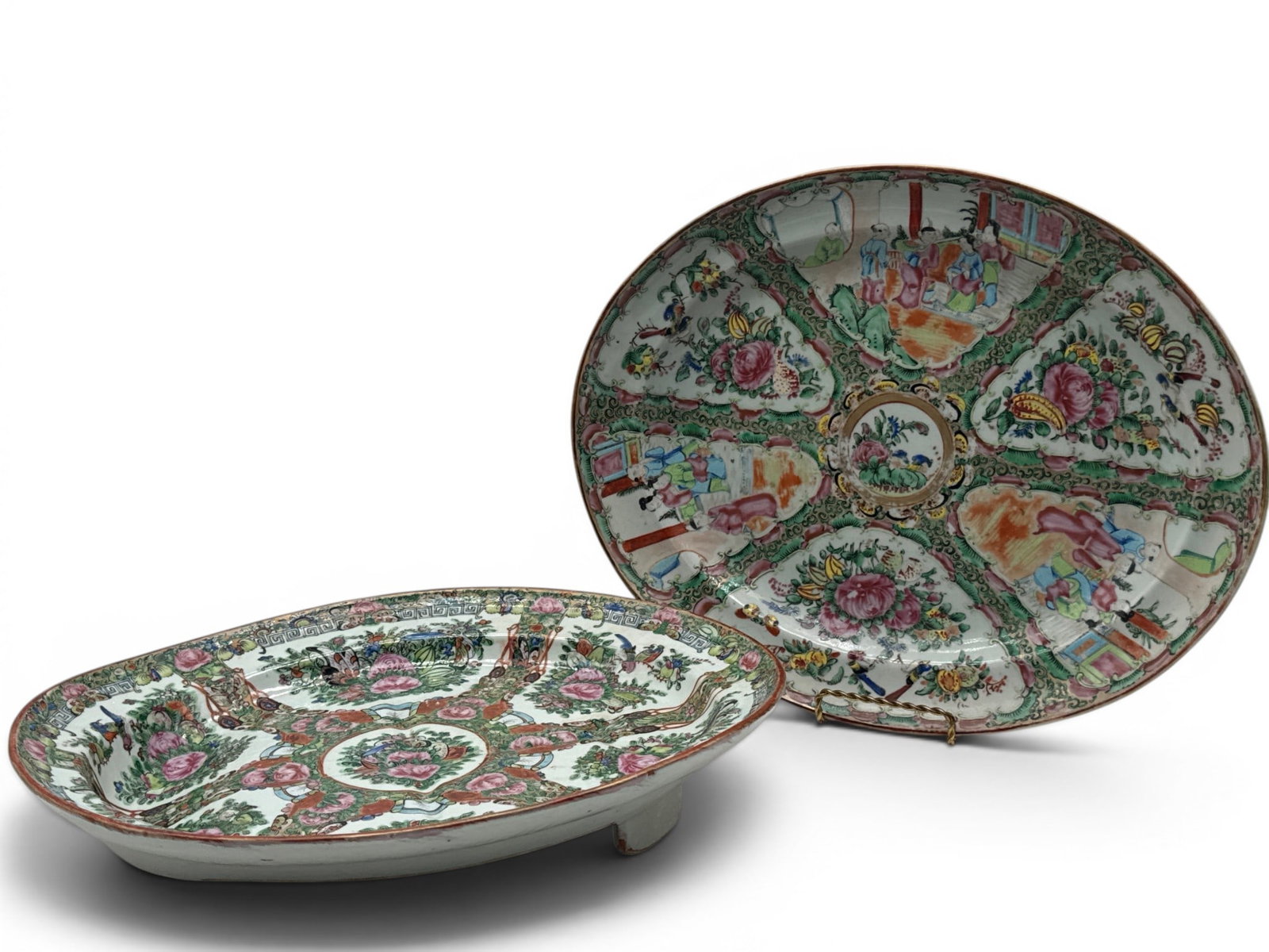 Two Chinese Export Rose Medallion Oval Platters: Two Chinese export rose medallion oval platters, one with well. 2-1/2in tall x 16in wide. | You have additional shipping options, and are not required to use Live Shipping. Additional shipping and del