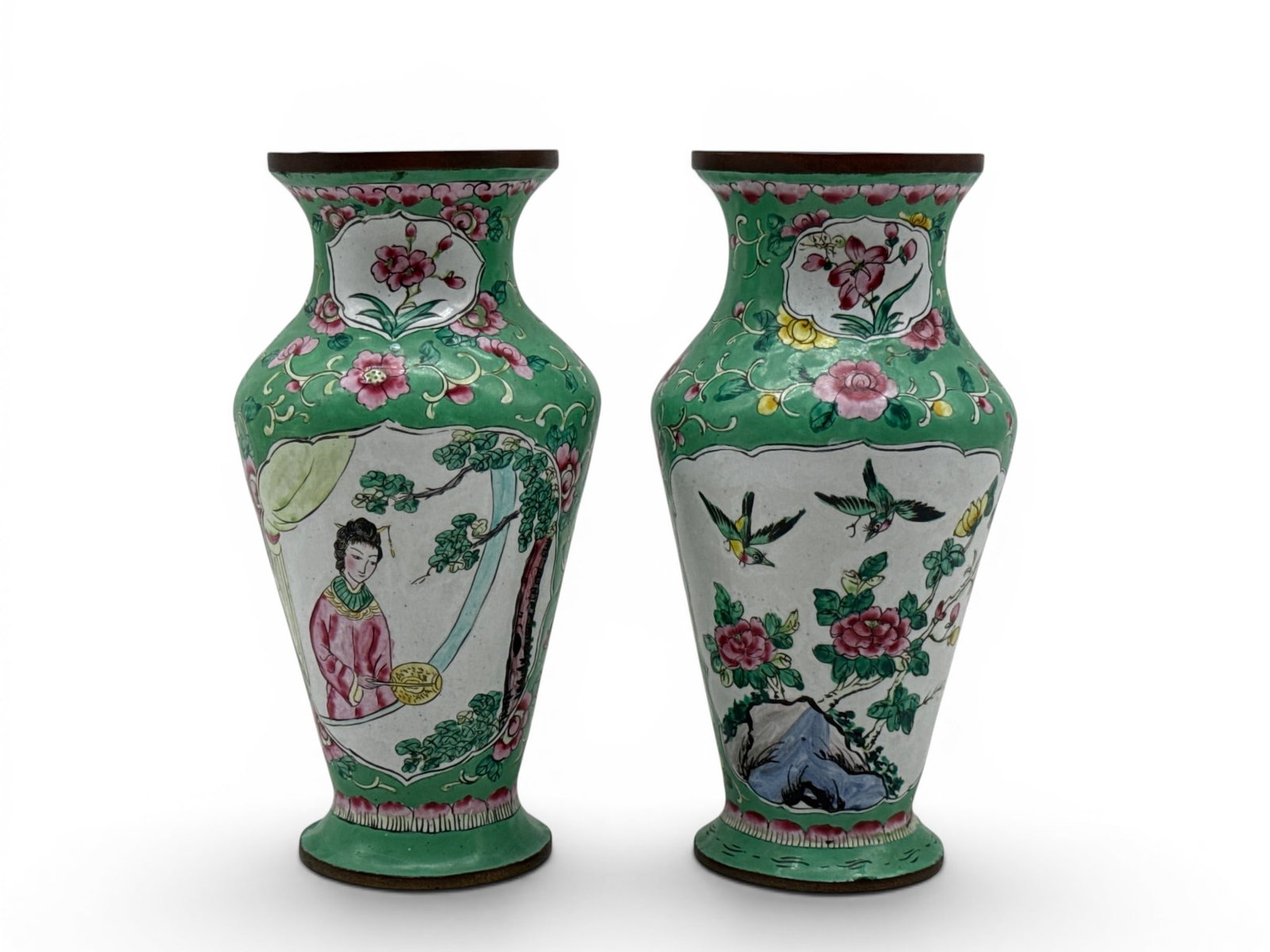 Pair Chinese Canton Enameled Vases: A pair of Chinese Canton enameled vases with figural genre and landscape scenes. 7in tall x 3in wide. | You have additional shipping options, and are not required to use Live Shipping. Additional ship