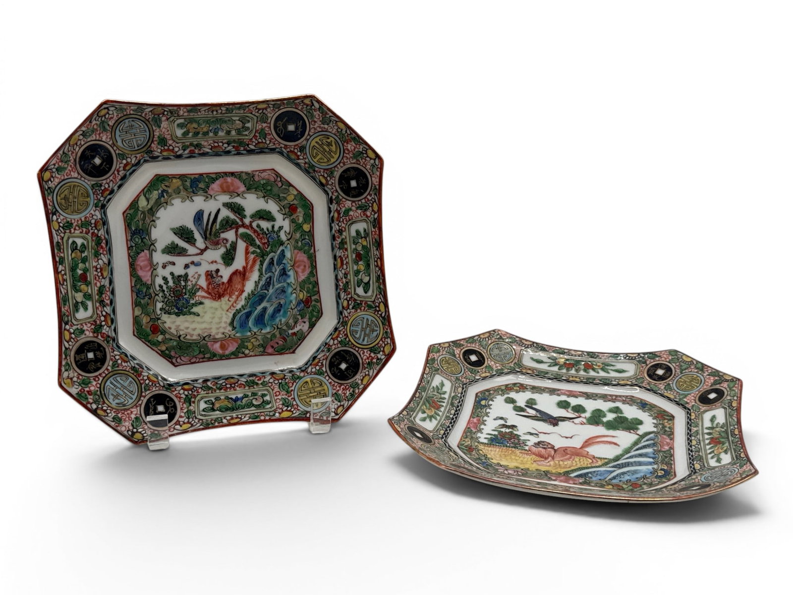 Pair Chinese Export Square Dishes: A pair of Chinese export porcelain square dishes with foo dog and bird decoration and botanical background. 8in tall x 8in wide. | You have additional shipping options, and are not required to use Liv