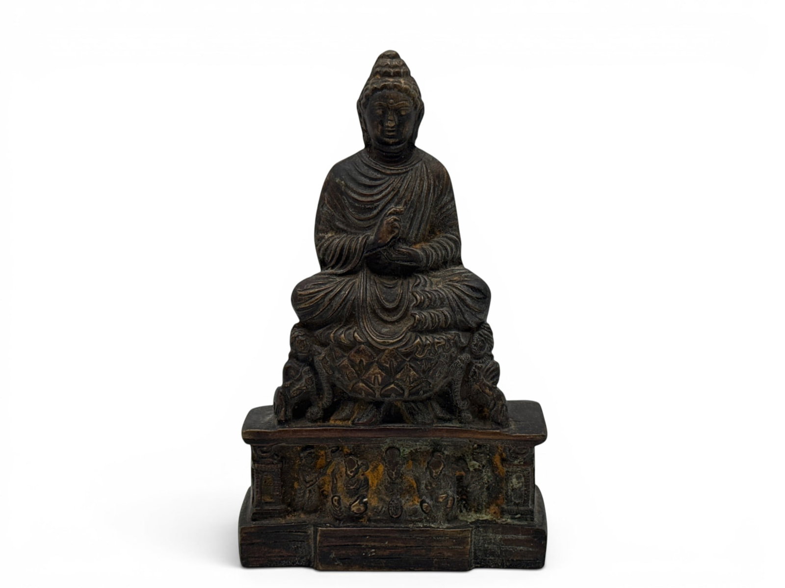 Indian Gandhara-style Bronze Buddha: An Indian Gandhara-style bronze Buddha in a seated position on a stepped base. 6-1/2in tall x 4in wide. | You have additional shipping options, and are not required to use Live Shipping. Additional sh