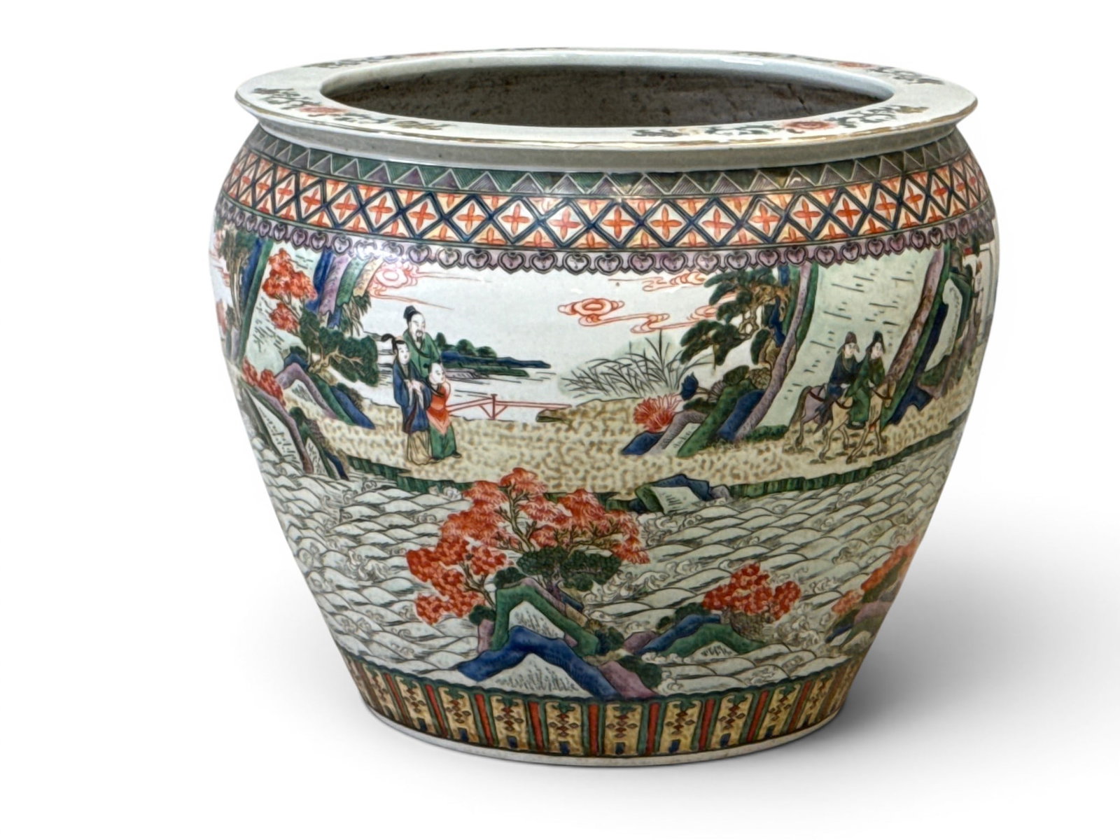 Chinese Famille Rose Porcelain Garden Planter: A Chinese famille rose porcelain jardiniere planter having genre scene decoration and fish bowl interior. 16 in tall x 20 in wide. | You have additional shipping options, and are not required to use L