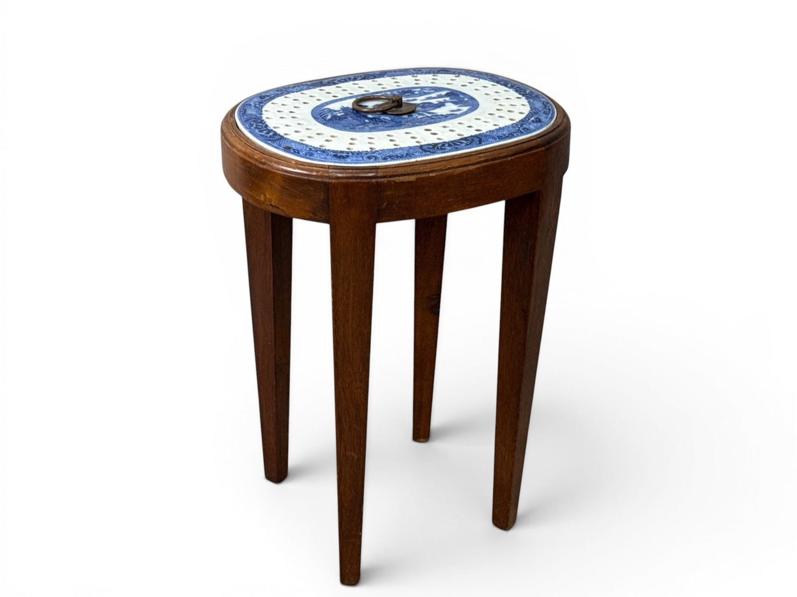 Chinese Export Porcelain Strainer Table: A Chinese export Canton porcelain strainer inset into a wooden stand. 18in tall x 13in wide. | You have additional shipping options, and are not required to use Live Shipping. Additional shipping and 