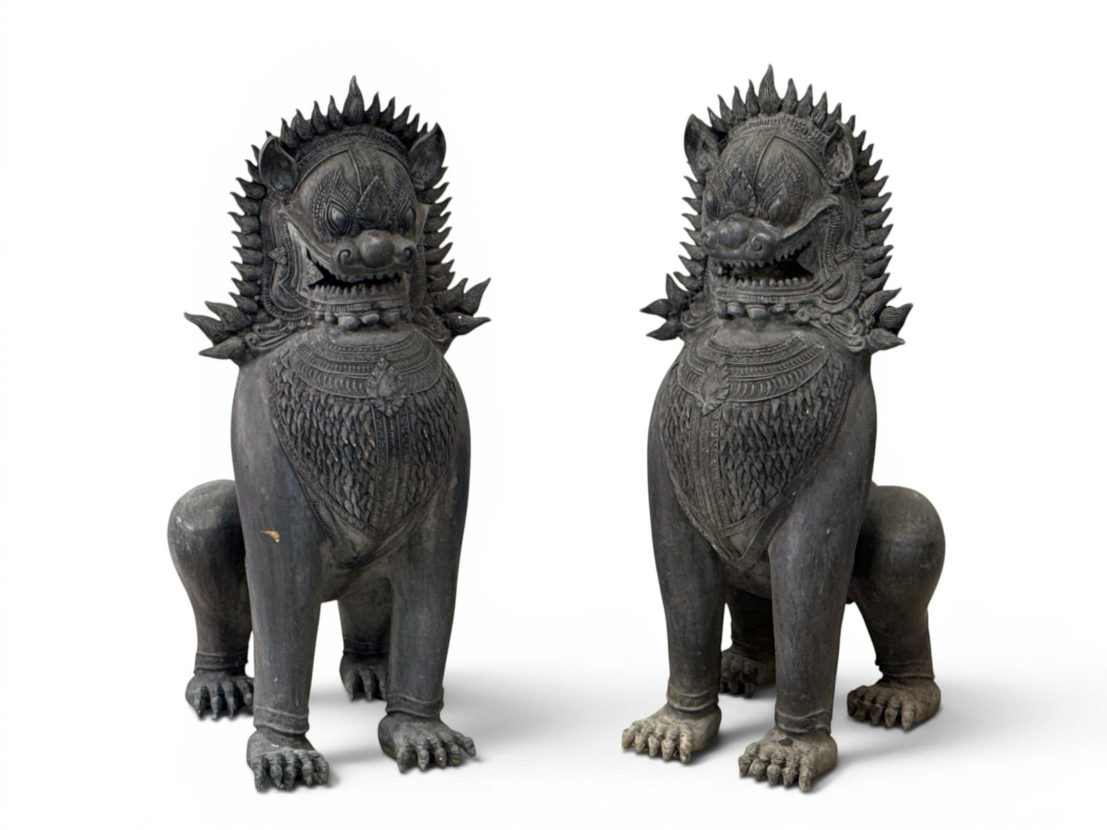 Large Pair of Cambodian Bronze Singha Temple Guardians Lions (1 of 5)