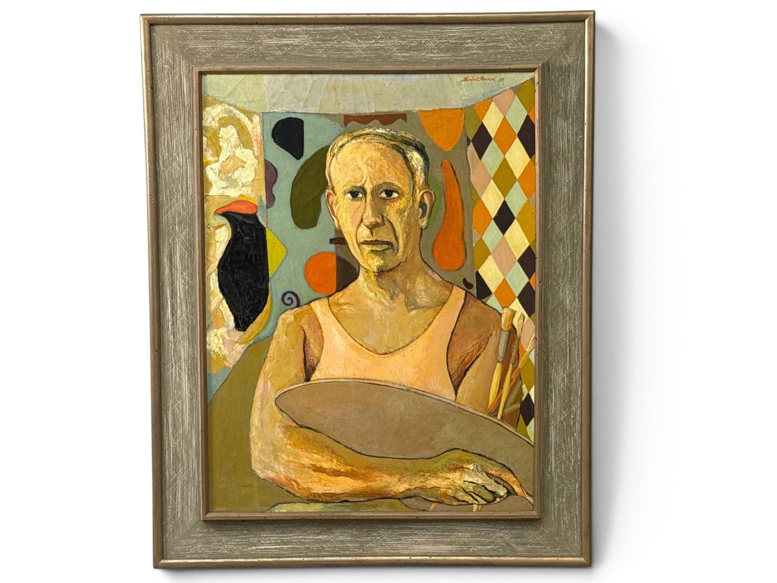 Humbert Howard Oil/Canvas: Portrait of Picasso: Humbert Howard (Philadelphia, 1905-1990). An oil on canvas portrait of Pablo Picasso holding an artist's palette and brushes in front of an abstract background. Signed upper right, dated 57. Canvas: 3
