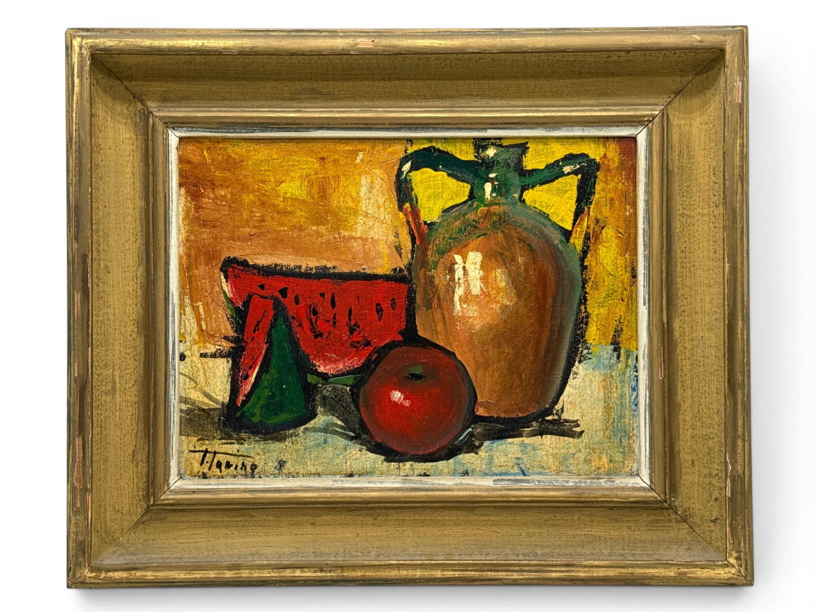 French School Oil/Canvas: Expressionist Still Life: A French School oil on canvas expressionist still life with fruit. Appears to be signed "T Haring" lower left. Canvas: 12in x 16in. Frame: 17in x 21in. | You have additional shipping options, and are 