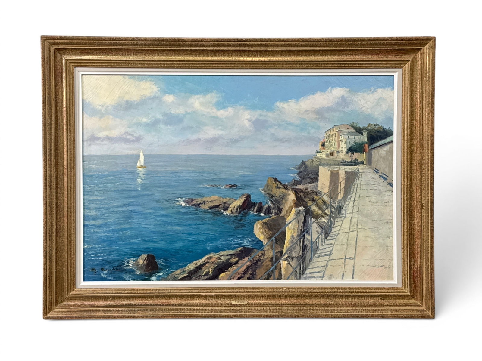 Ariglia Oil/Canvas: The Promenade of Nervi: An Italian school oil on canvas depicting "The Promenade of Nervi". Signed lower left and with attribution plaque to F. Ariglia on frame. Canvas: 24in x 36in. Outside frame: 31-1/2in x 43-1/2in. | You