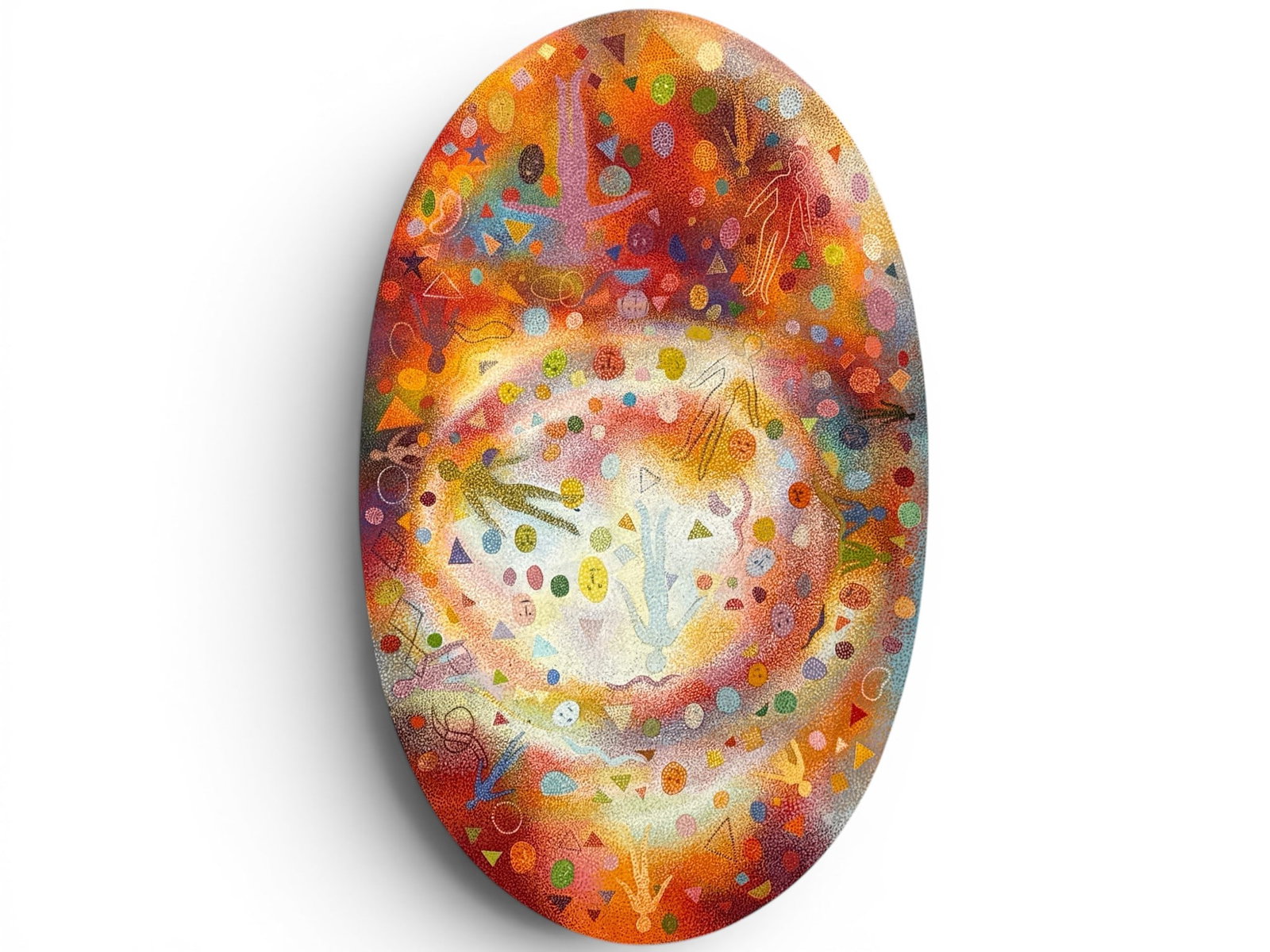 Anita Charney Harris Oil/Canvas: Ovoid Abstract: Anita Charney Harris (Bucks County, PA, 1921-2018). An ovoid-form oil on canvas with abstract motif of geometric shapes and floating figures. Signed and dated 1981 verso. 67in x 40in. | You have addit