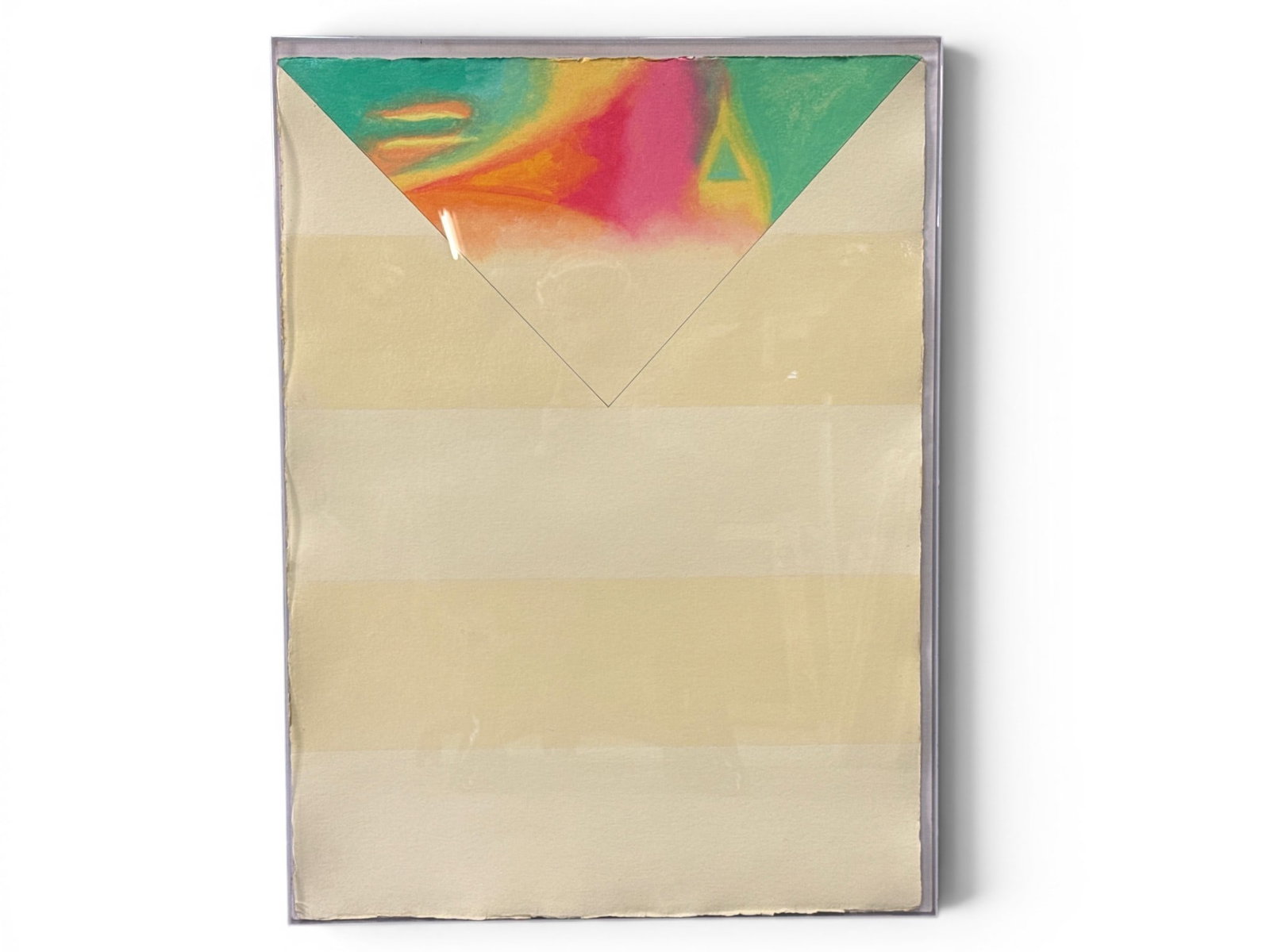 Anita Charney Harris Oil/Paper: Abstract: Anita Charney Harris (Bucks County, PA, 1921-2018). An oil on paper abstract with geometric form. Dated July 1970 verso. Framed in plexiglass. 31in x 23in. | You have additional shipping options, and 