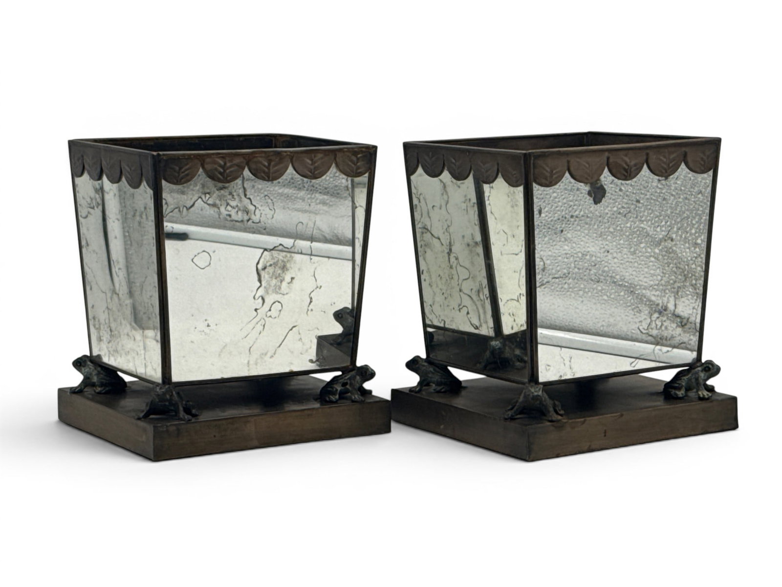 Pair of Frog Figural Eglomise Cache Pot Planters: A pair of eglomise mirrored panel cache pot planters with figural patinated frog supports on plinth bases. 8in tall x 7in wide x 6-1/2in deep. | You have additional shipping options, and are not requi