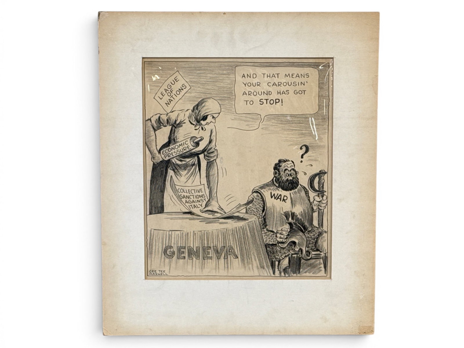 Gee Tee Maxwell Original Political Cartoon: A Gee Tee Maxwell pen and ink political cartoon on paper, titled "Now We'll See Who's Boss!". Matted. Sheet: 16-3/4in x 14-1/4in. | You have additional shipping options, and are not required to use Li