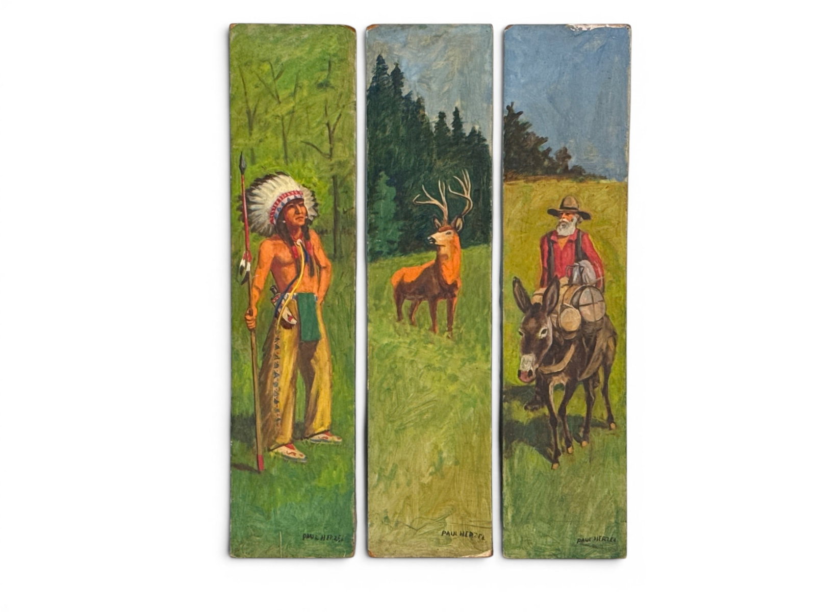 Paul Herzel Oil/Panel: American West Triptych: A triptych of three oils on masonite panel illustrative works depicting a Native American figure, a deer, and a trapper on a mule. Each signed Paul Herzel. Each: 30in x 7in. | You have additional ship