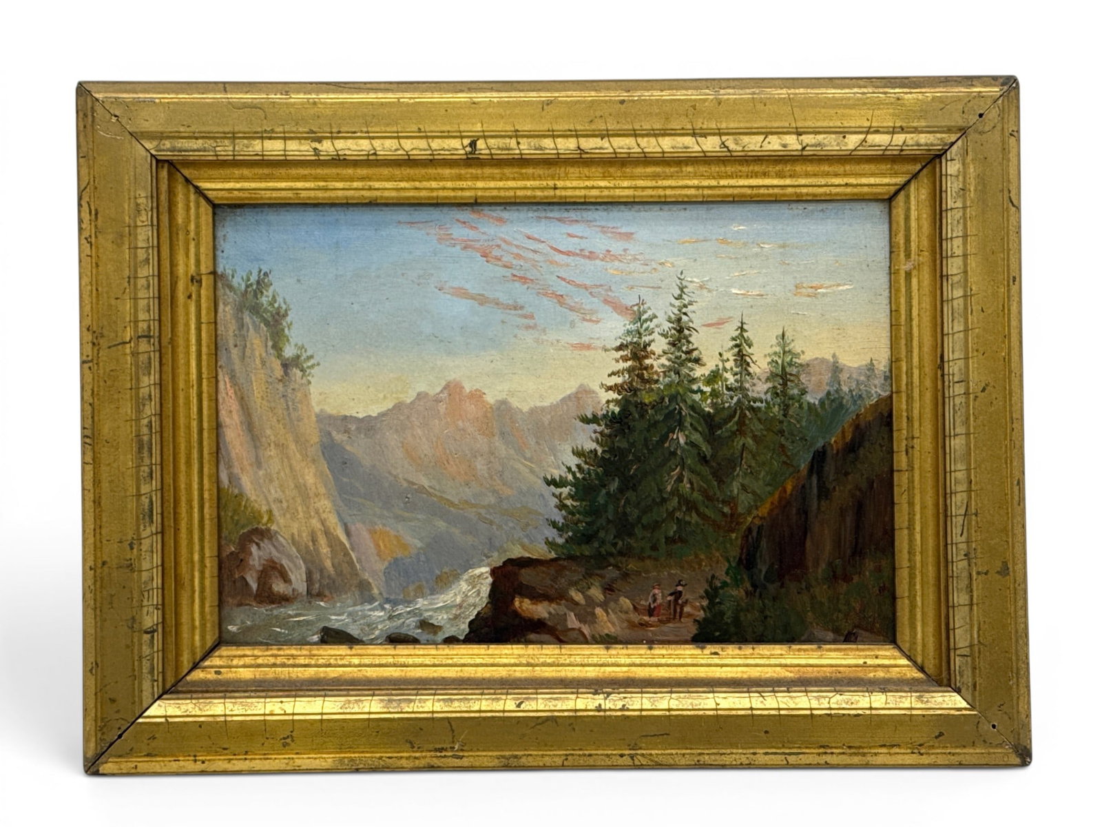 Small 19th C. Oil/Panel: Landscape: A small 19th C. oil on panel depicting a mountainous landscape with river. Unsigned and gilt framed. Panel: 6-1/4in x 9-1/4in. Outside frame: 8-3/4in x 12in. | You have additional shipping options, an