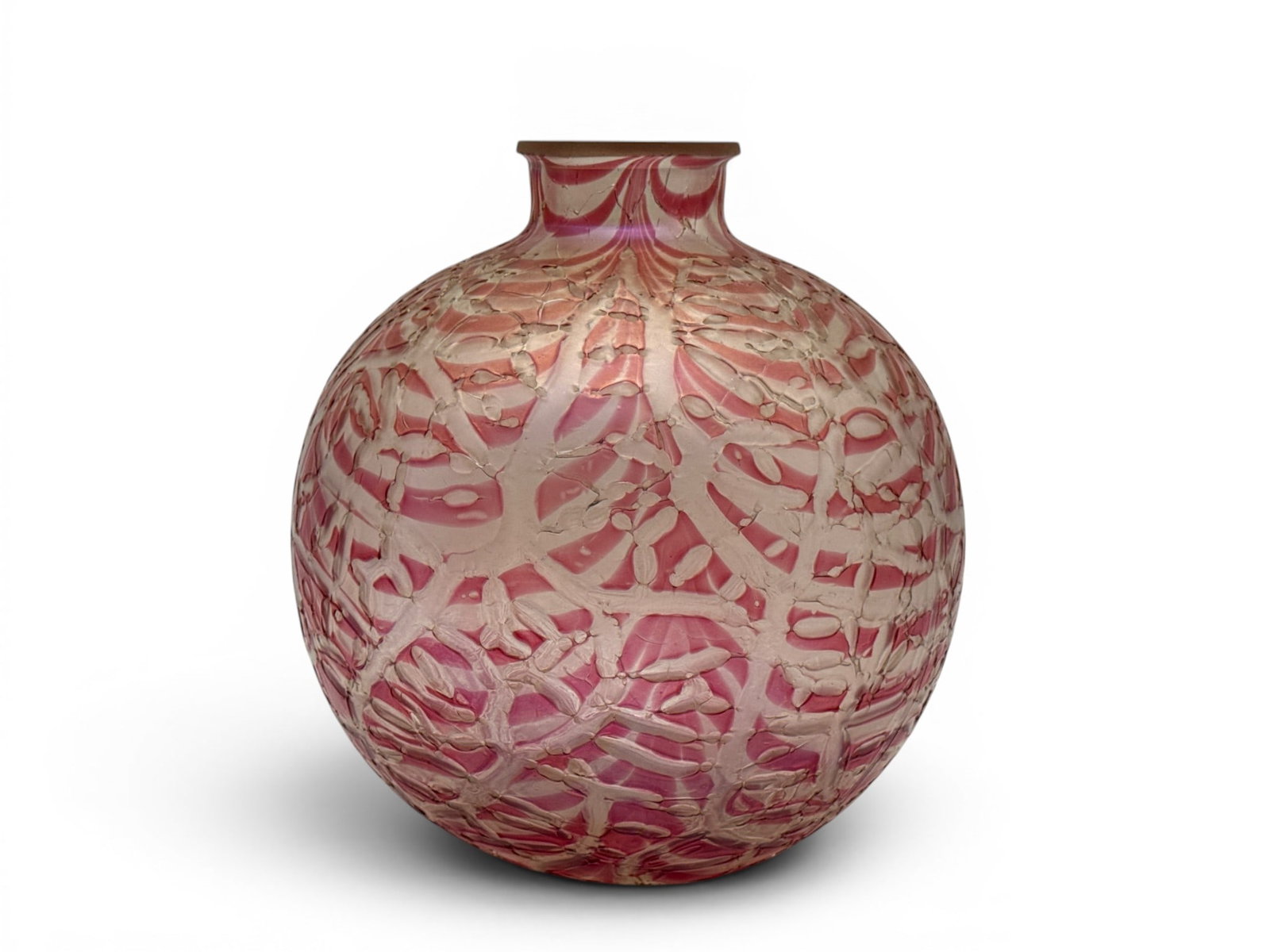 Durand Moorish Crackle Art Glass Vase: A Durand Moorish pink crackle art glass orb-form vase. 11in tall x 9in wide. | You have additional shipping options, and are not required to use Live Shipping. Additional shipping and delivery details