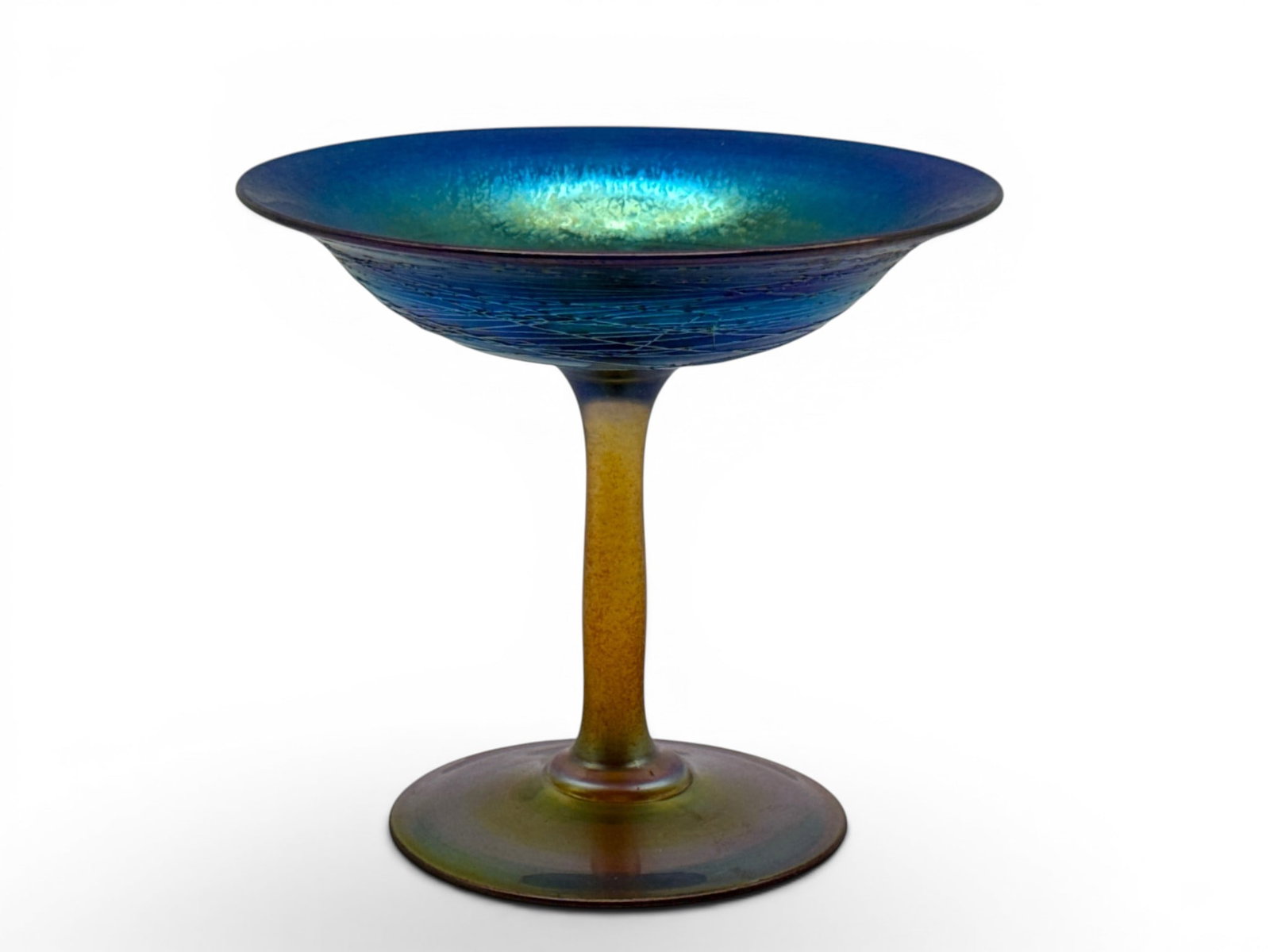 Durand Iridescent Stemmed Compote: A Durand iridescent art glass compote with a blue coupe terminating on a gold glass stem. 5in tall x 5in wide. | You have additional shipping options, and are not required to use Live Shipping. Additi