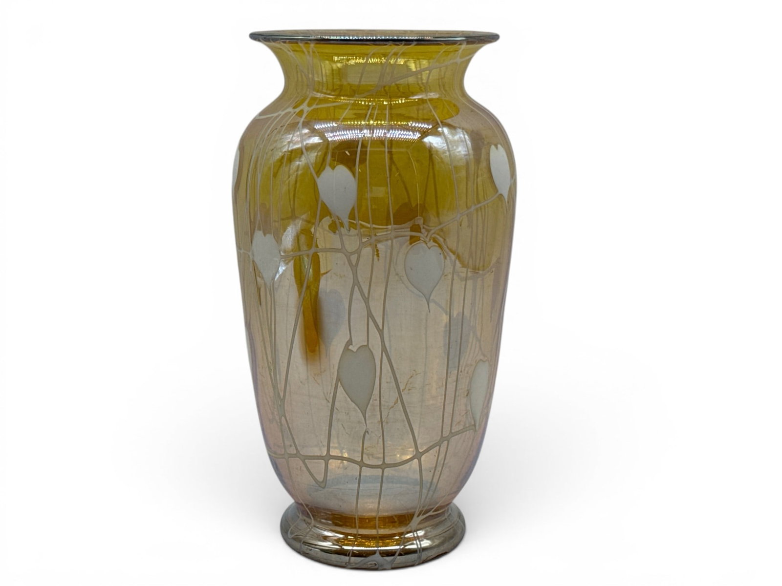 Durand Iridescent Yellow Art Glass Vase: A Durand iridescent yellow art glass vase with leaf and vine design. 9in tall x 5in wide. | You have additional shipping options, and are not required to use Live Shipping. Additional shipping and del