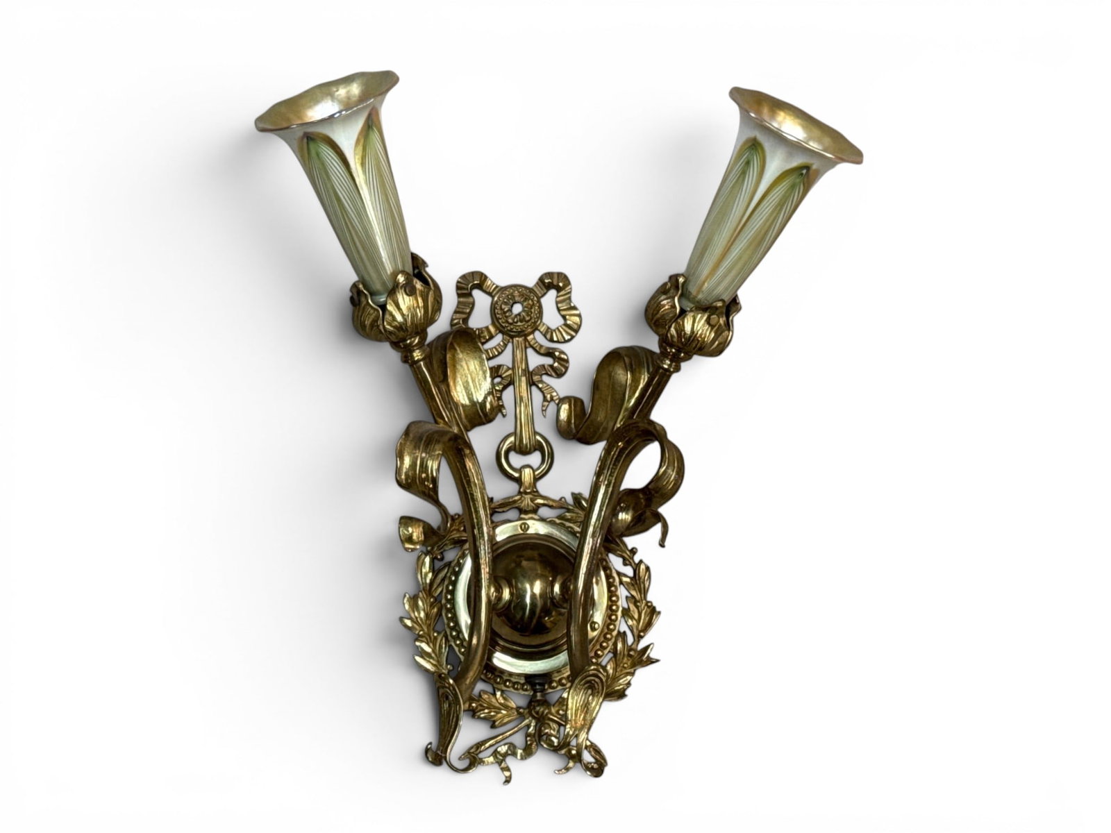Art Nouveau Art Glass and Bronze Wall Sconce: An Art Nouveau bronze two-light wall sconce with pulled feather art glass shades. Signed. 14in tall x 11in wide. | You have additional shipping options, and are not required to use Live Shipping. Addi