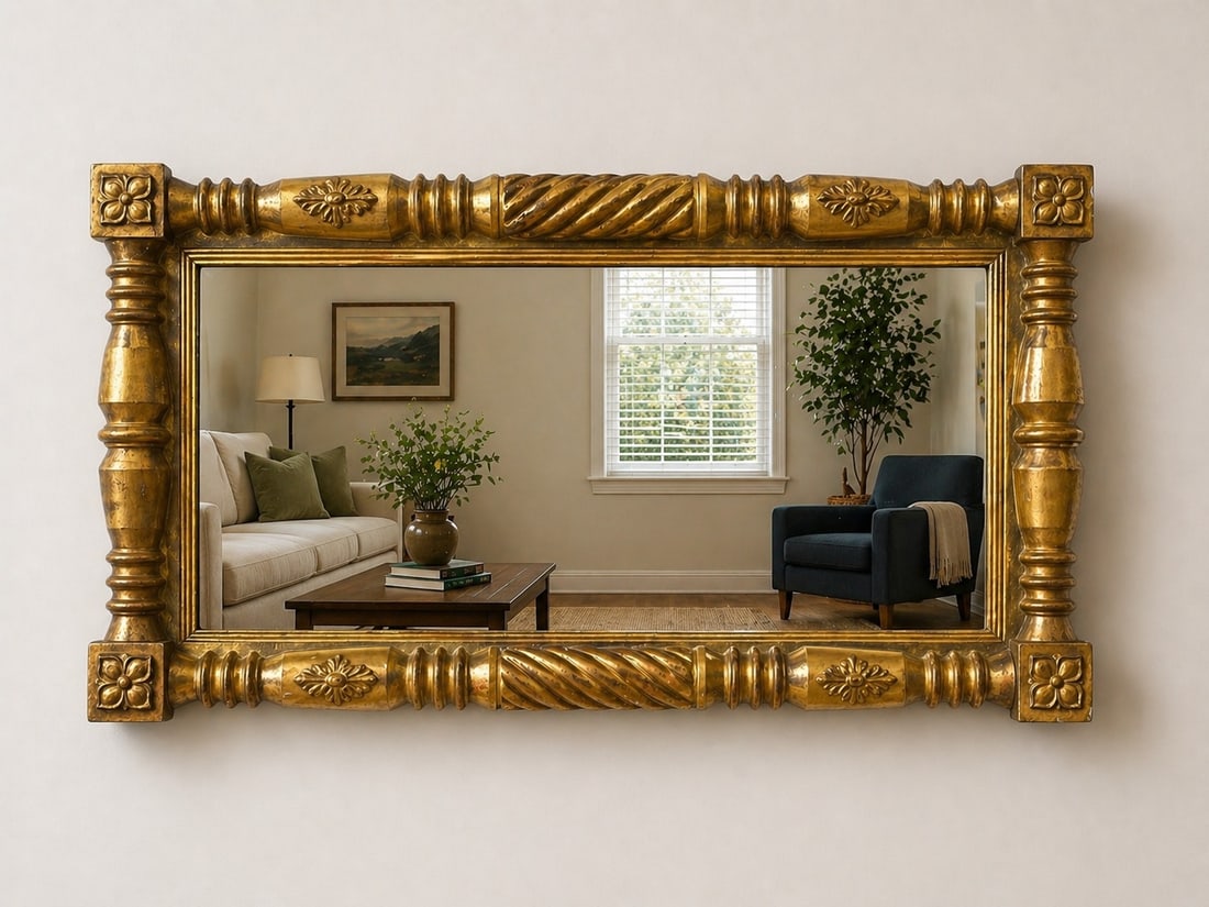 American Classical Empire Giltwood Wall Mirror: An American Classical Empire giltwood wall mirror. 23-1/4 in x 44-1/2 in. | You have additional shipping options, and are not required to use Live Shipping. Additional shipping and delivery details ar