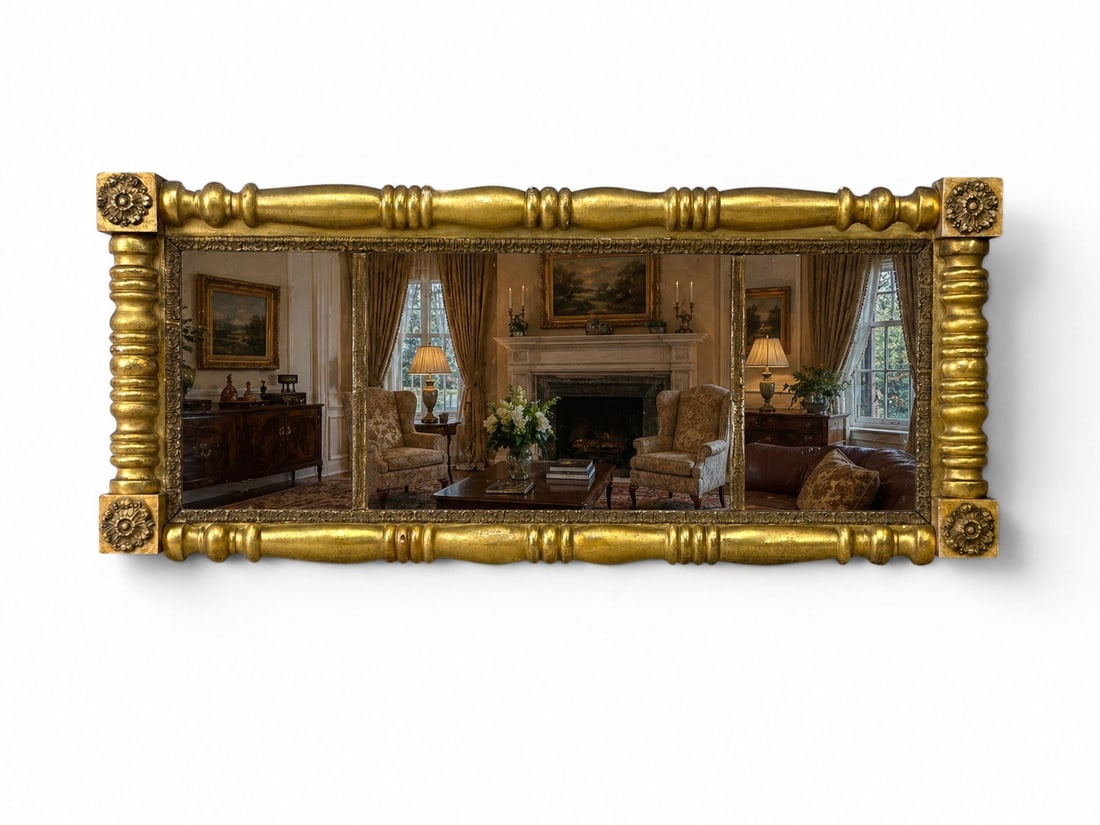 American Classical Empire Giltwood Tri-Panel Wall Mirror: An American Classical Empire giltwood tri-panel wall mirror. 25-1/2in tall x 60-3/4in wide. | You have additional shipping options, and are not required to use Live Shipping. Additional shipping and d