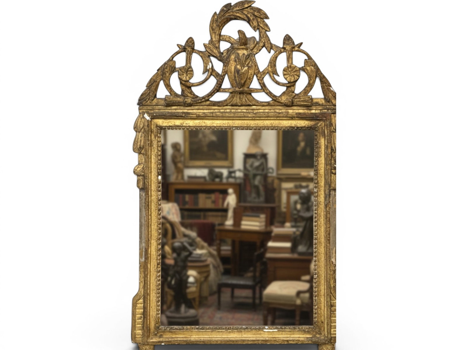 French Louis XVI Giltwood Wall Mirror: An 18th C. French Louis XVI giltwood wall mirror with a pierced and fretwork foliate crest. 34-1/2in tall x 20in wide. | You have additional shipping options, and are not required to use Live Shipping