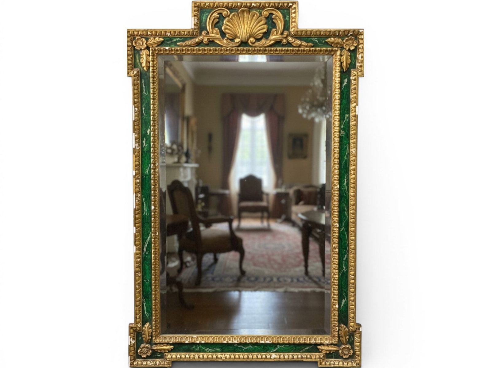 Faux Malachite and Giltwood Decorated Wall Mirror: A carved giltwood wall mirror with a faux malachite painted frame and shell crest. 48-3/4in tall x 30-1/2in wide. | You have additional shipping options, and are not required to use Live Shipping.
