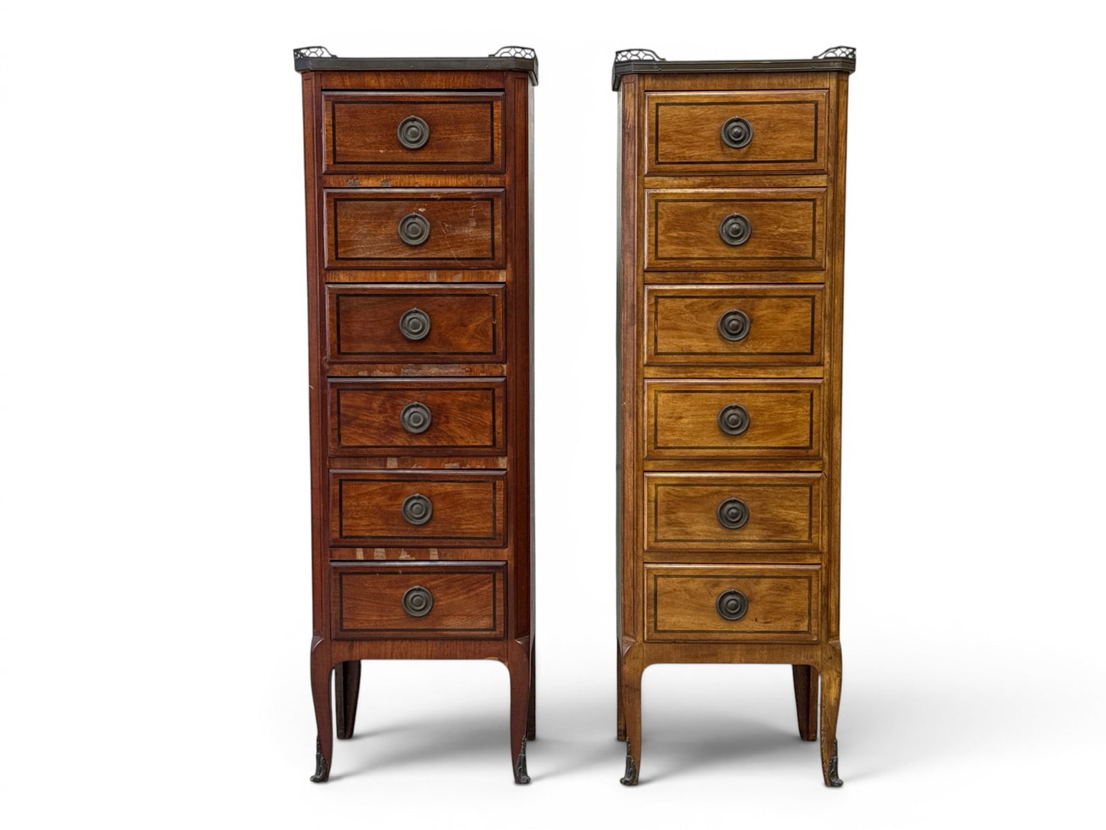 Pair of French Louis XV-style Semainier Chests: A pair of French Louis XV-style parquetry inlaid Semainier chests with gallery marble tops over drawered cases, on cabriole legs. 52in tall x 17in wide x 11-1/2in deep. | You have additional shipping 