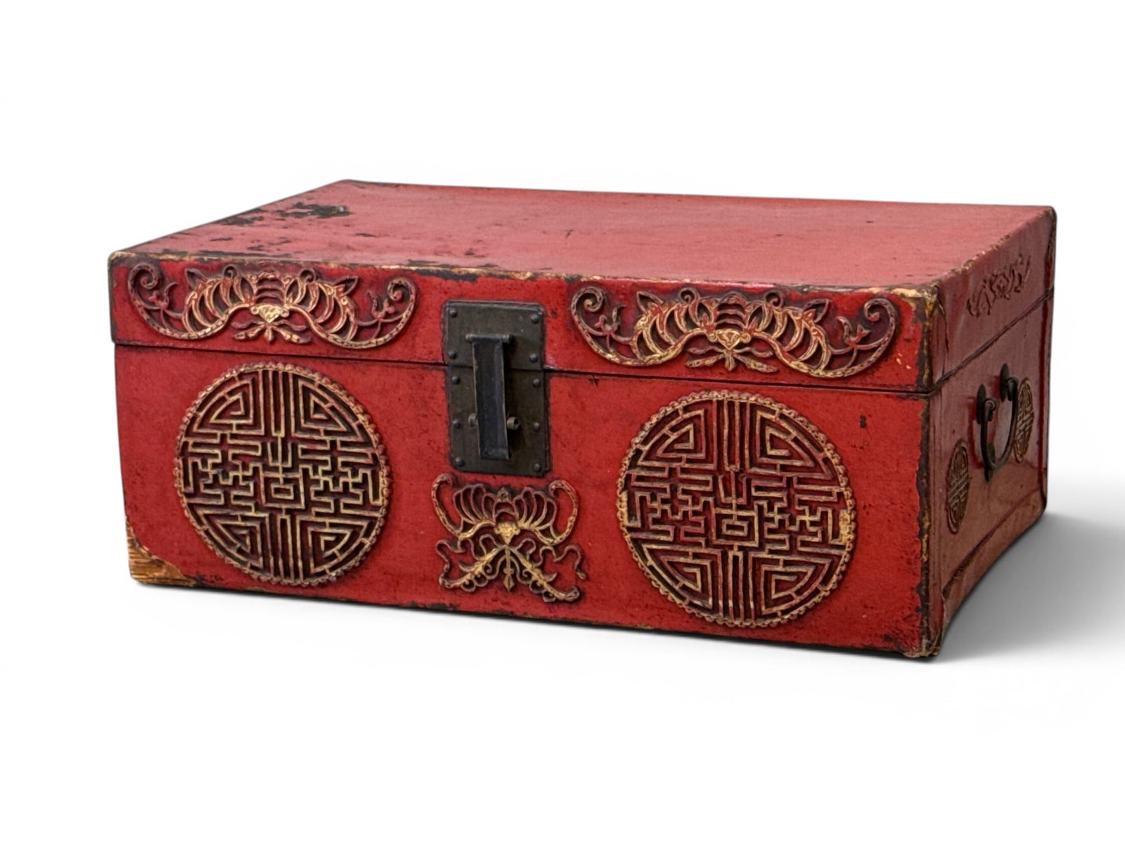 Chinese Export Red Leather Trunk: A Chinese export red leather trunk with gilt decoration. Late 19th/early 20th C. 12-1/2in tall x 31in wide x 20in deep. | You have additional shipping options, and are not required to use Live Shippin
