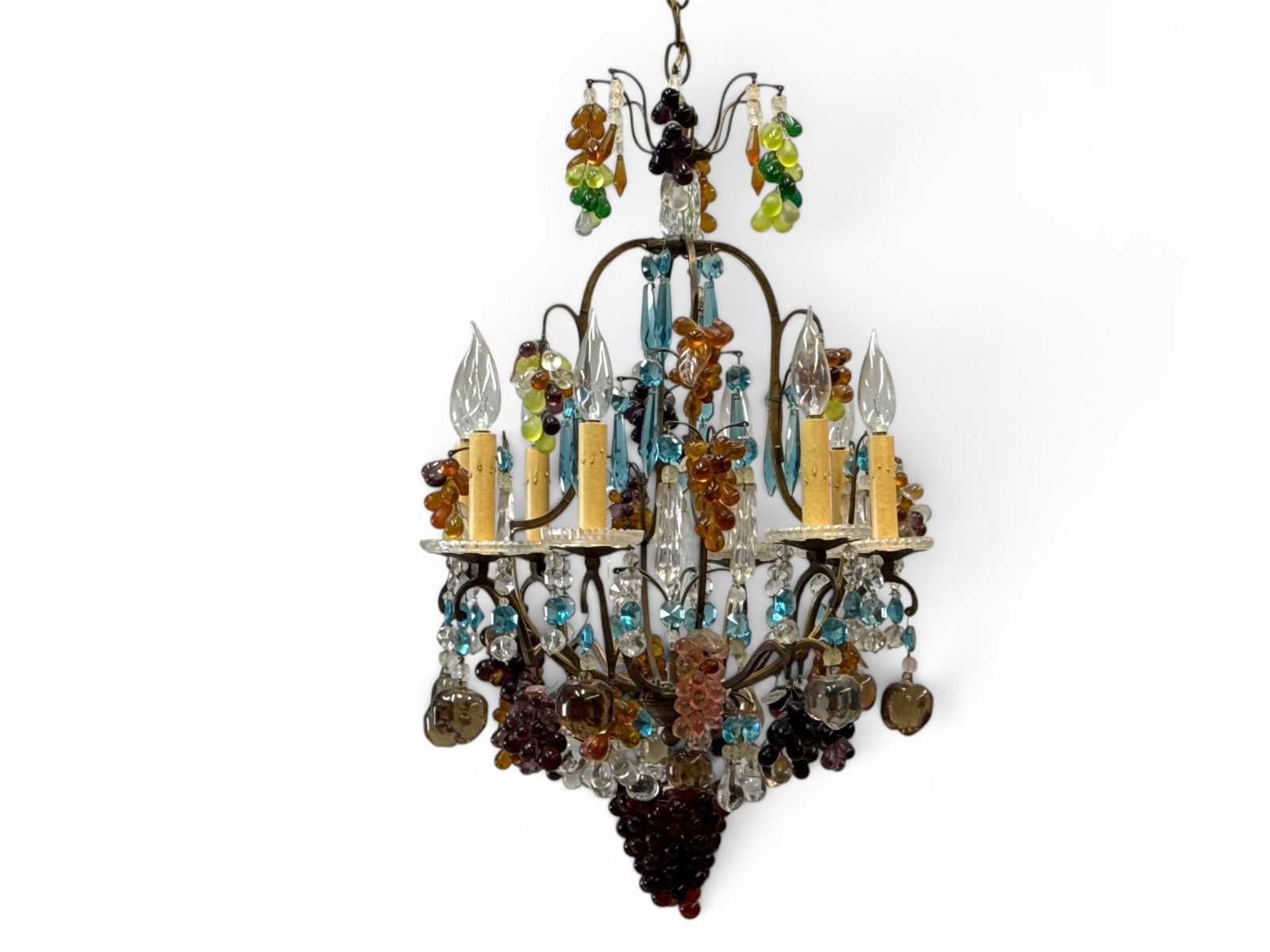 Continental Bronze & Art Glass Fruit Bunch Chandelier: A Continental bronze and art glass fruit bunch chandelier with colorful crystal drops. 28in tall x 18in wide. 39in to ceiling cap. | You have additional shipping options, and are not required to use L