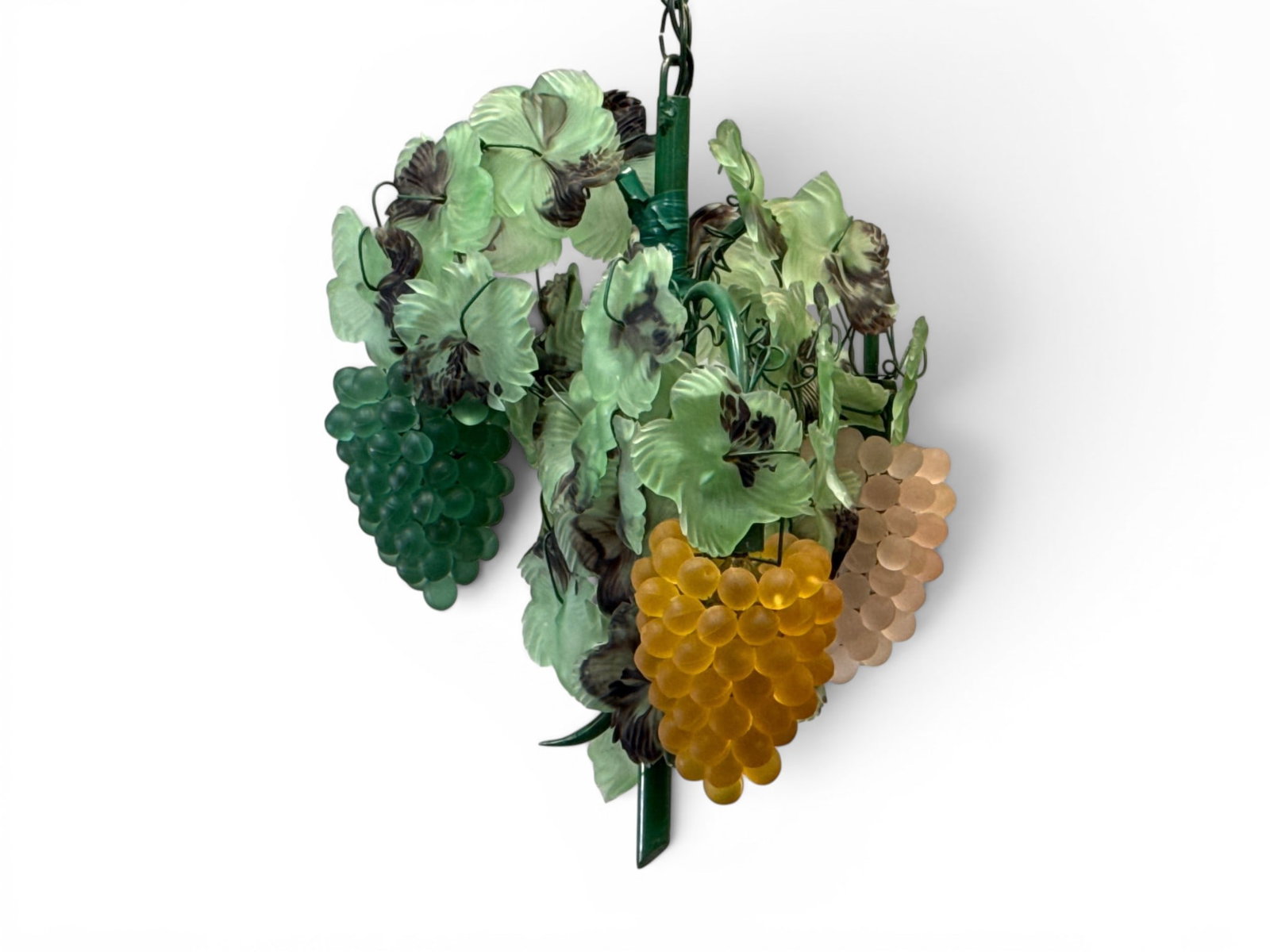 Two Murano Glass Grape Cluster Hanging Lights: Two Murano art glass grape cluster hanging lights, attributed to Cesare Toso, to include a three-light chandelier and a two-light hanging lamp. Each approx. 18in tall. | You have additional shipping o
