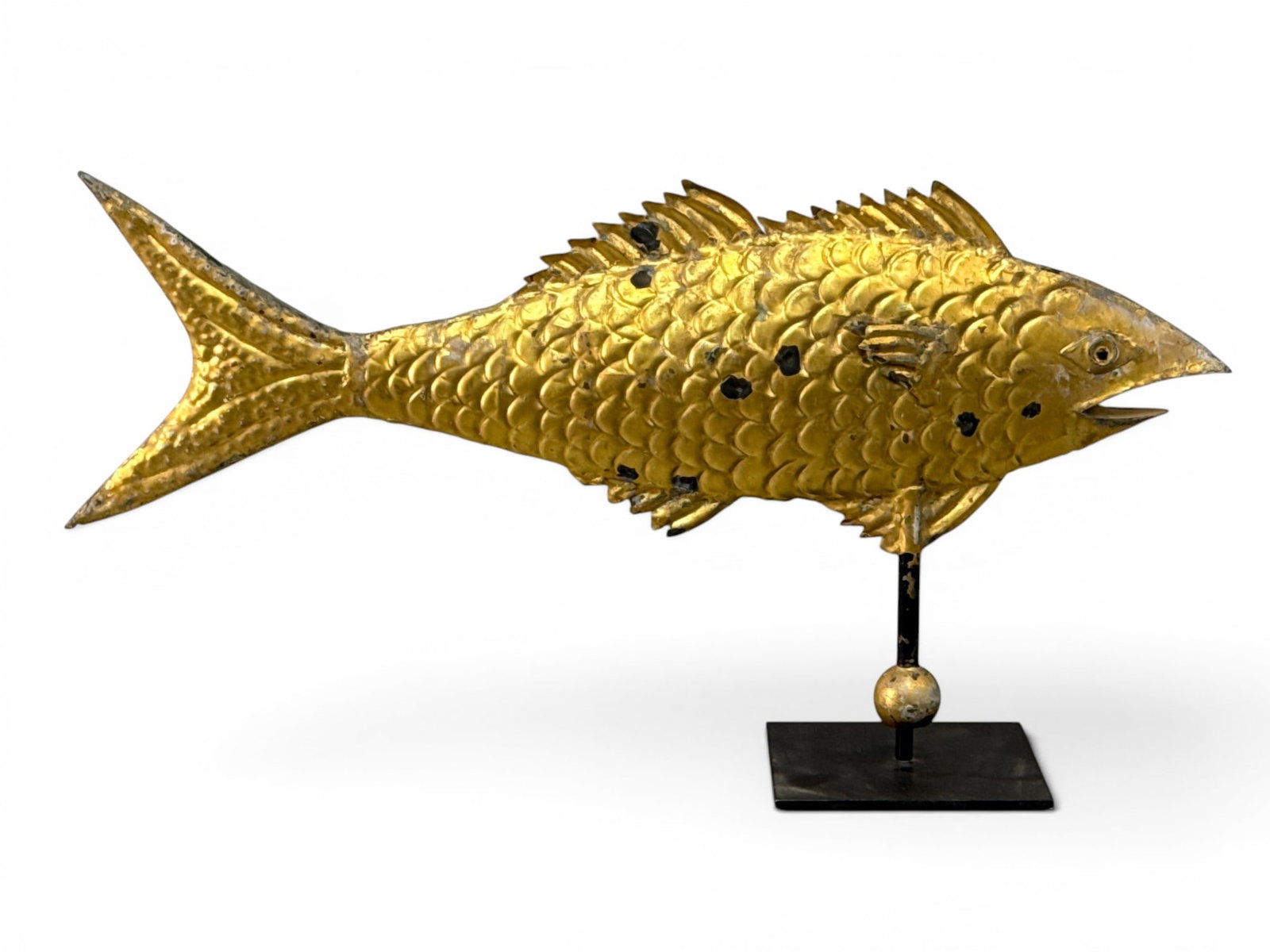 Full-Bodied Gilt Sheet Copper Fish Weathervane: A 19th C. full-bodied gilt sheet copper cod fish-form weathervane. Provenance: From a Main Line, PA private collection. 13-1/2in tall x 26in wide. | You have additional shipping options, and are not r