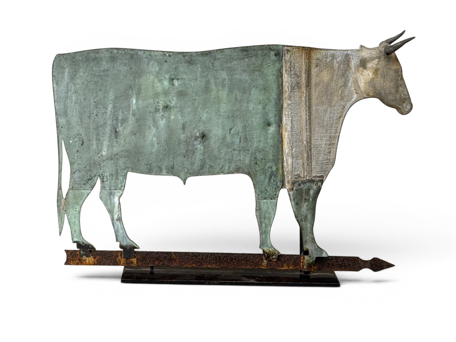 Cast Zinc and Copper Steer Weathervane: A cast zinc and copper steer-form weathervane, possibly by J. Howard & Company (Boston, 19th C.), raised over a cast arrow directional. Provenance: From a Main Line, PA private collection. 20in tall x