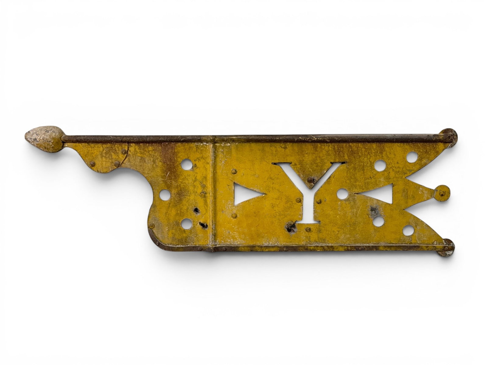 Y Bannerette Weathervane: A bannerette weathervane with "Y" monogram. Provenance: From a Main Line, PA private collection. 11-1/2in tall x 38in wide. | You have additional shipping options, and are not required to use Live Shi