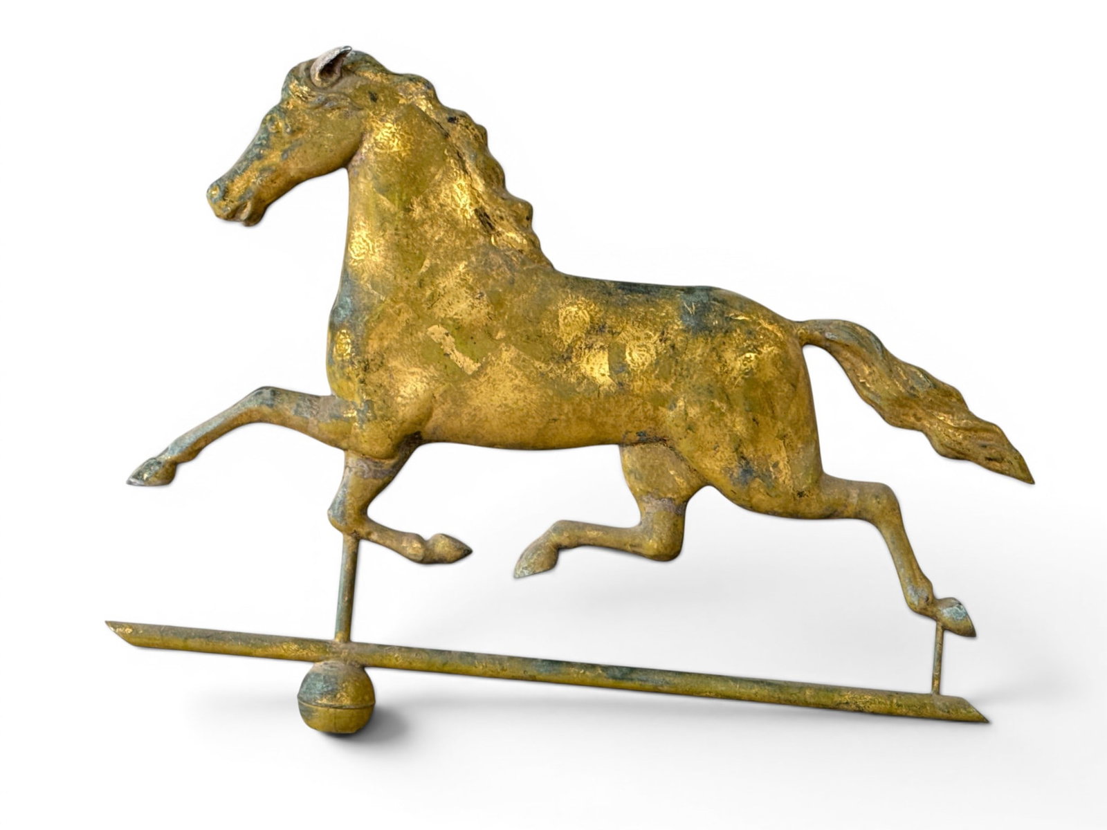 Signed Harris Gilt Copper Hollow Body Running Horse Weathervane: A gilt copper hollow body running horse weathervane by Harris Co., Massachusetts with stamped signature on chest. Provenance: From a Main Line, PA private collection. Purchased in 1997 from John Sidel