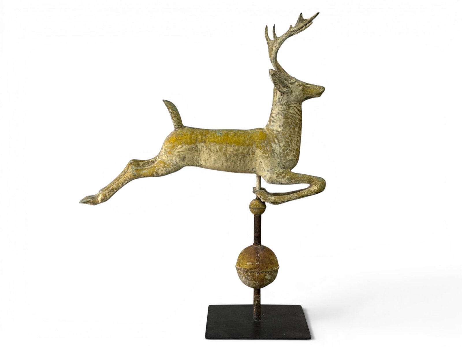 Gilt Copper Leaping Stag Weathervane: A 119th C. full bodied gilt copper leaping stag weathervane attributed to L.W. Cushing, with an original yellow surface under a thin coat of white putty paint. Provenance: From a Main Line, PA private
