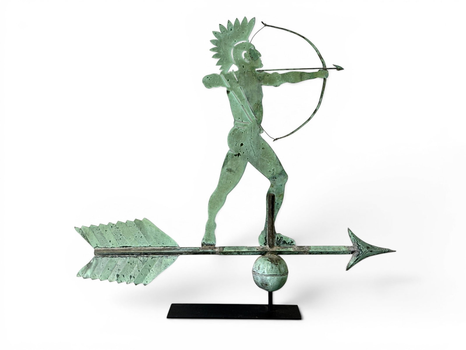 Large Sheet Iron American Indian Weathervane: A large verdigris sheet iron American Indian archer weathervane on a directional arrow and ball. Provenance: From a Main Line, PA private collection. 40in tall x 44in wide. | You have additional shipp