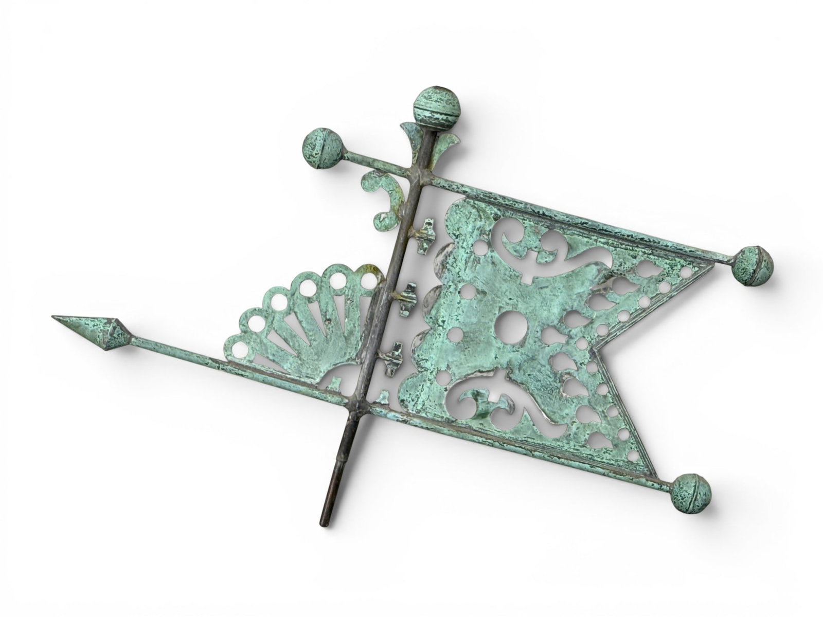 Attributed J.W. Fiske Bannerette Weathervane: An attributed to J.W. Fiske bannerette weathervane with a pierced stylized design. Provenance: From a Main Line, PA private collection. 20in tall x 30-1/2in wide. | You have additional shipping option