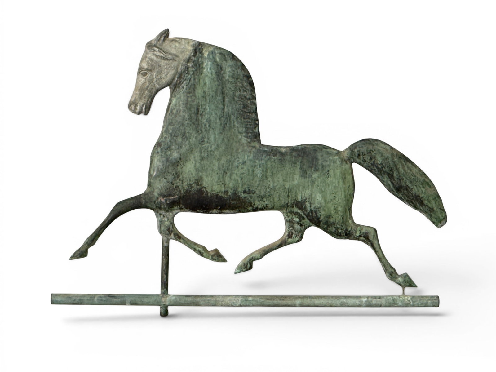 Black Hawk Running Horse Weathervane: A 19th C. verdigris copper hollow body "Black Hawk" running horse weathervane with a zinc head. Provenance: From a Main Line, PA private collection. 20in tall x 27-1/4in wide. | You have additional sh