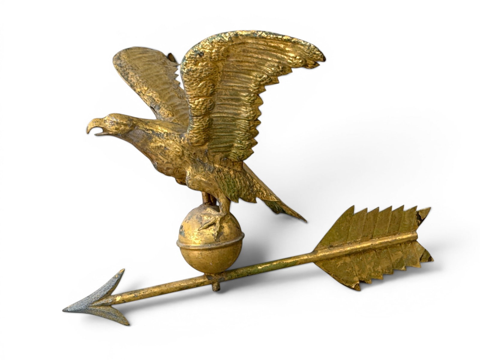 Gilt Copper Hollow Body Eagle Weathervane: A gilt copper and zinc hollow body wing-spread eagle weathervane on arrow directional, circa 19th C. 15-1/2in tall x 22-1/2in wide x 25-1/2in deep. | You have additional shipping options, and are not 