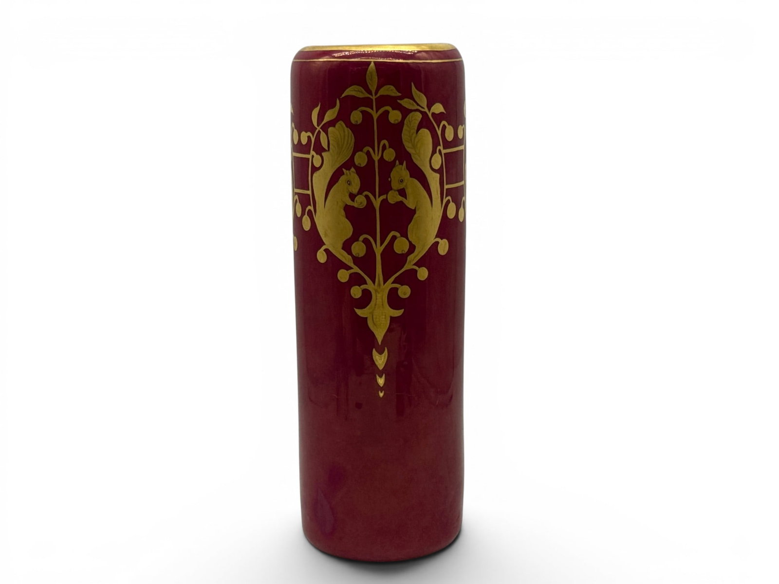 Thun-Kl?sterle Squirrel-Decorated Vase: An early 20th C. Thun-Klosterle Czech porcelain vase with cranberry background and gilt-decorated squirrel and foliage design. Signed. 12-1/2in tall x 4in wide. | You have additional shipping options,