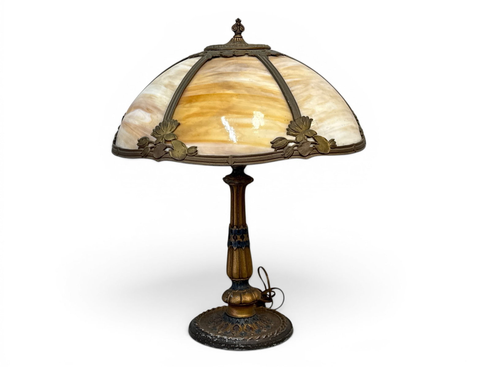 Arts & Crafts Patinated Metal and Slag Glass Lamp (1 of 4)