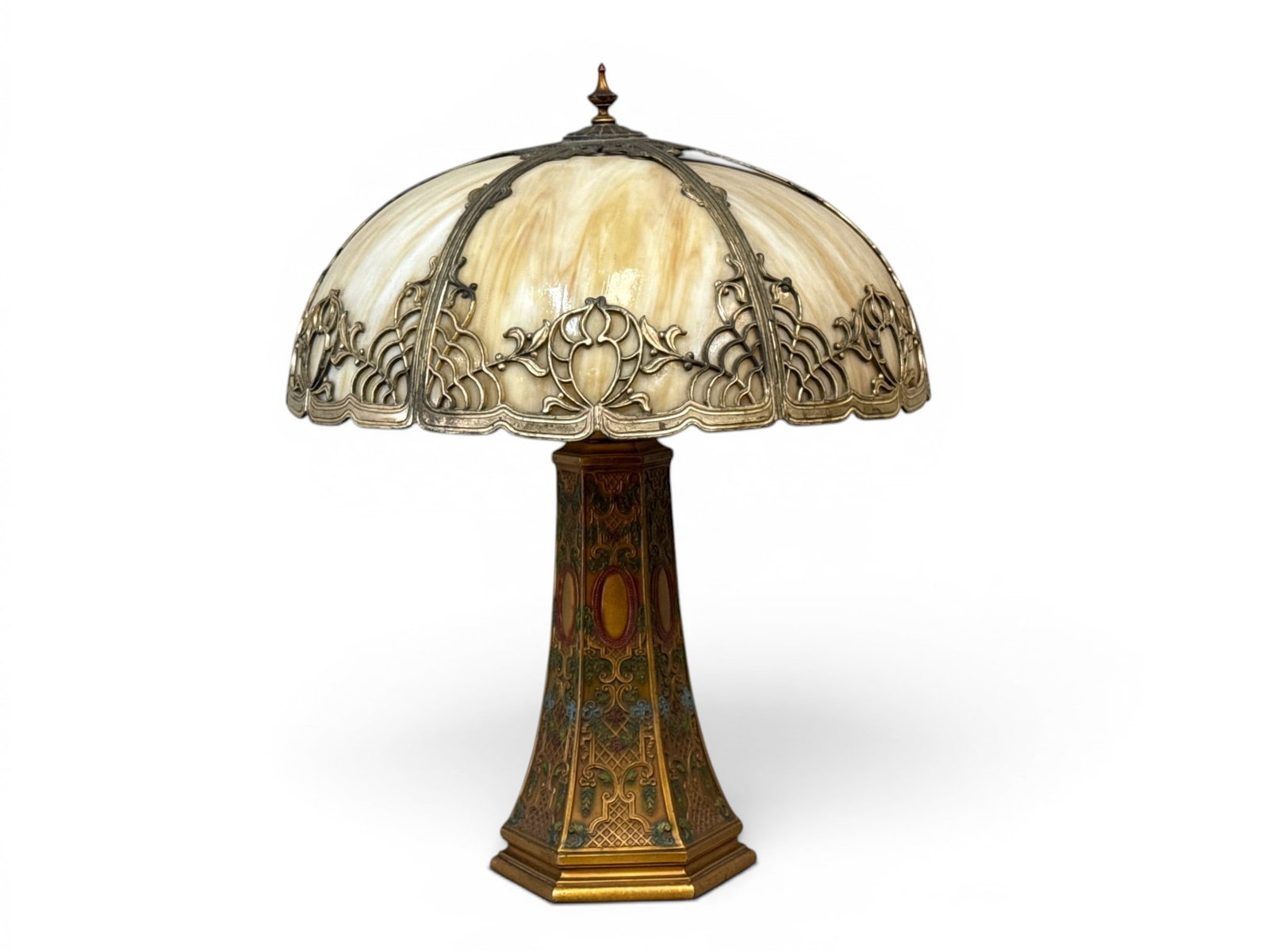 Art Nouveau Slag Glass Parlor Lamp: An Art Nouveau patinated metal parlor lamp with painted decoration and a caramel slag glass shade. 23in tall x 17in wide. | You have additional shipping options, and are not required to use Live Shipp