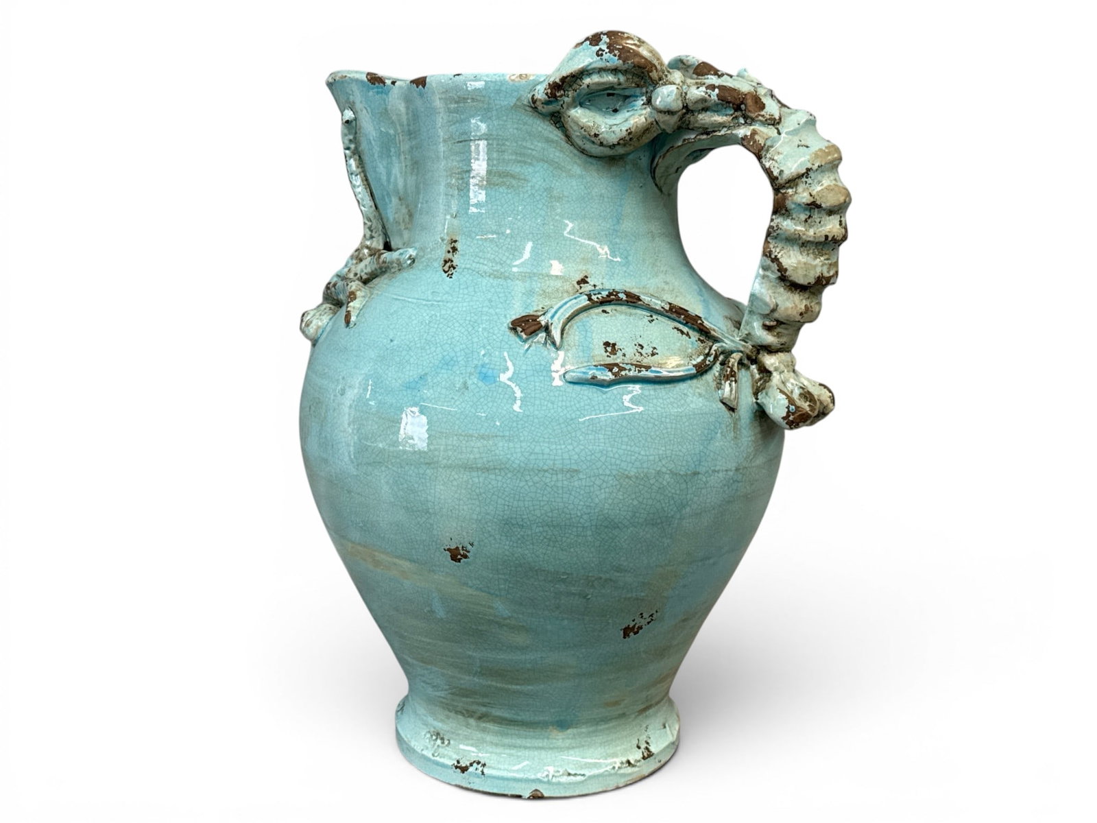 Italian Turquoise-Glazed Lobster Pitcher: A large pitcher with mottled turquoise glaze, lobster form handle, and applied octopus decoration. 19in tall x 14in wide. | You have additional shipping options, and are not required to use Live