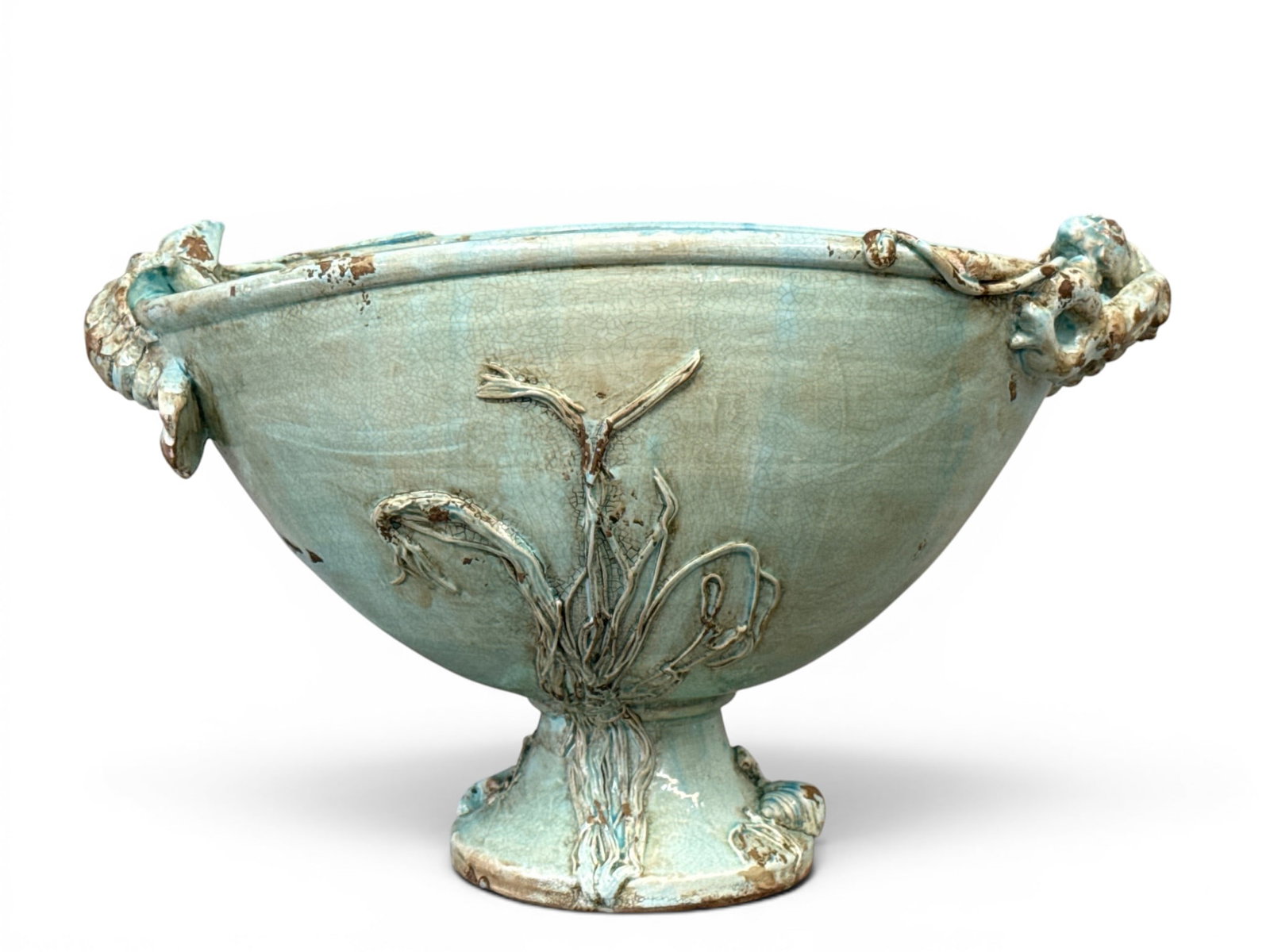 Italian Turquoise-Glazed Sea-Themed Center Bowl: An Italian turquoise glazed and footed centerpiece bowl with applied lobster-form handles and seaweed decoration. 12-1/2in tall x 20in wide. | You have additional shipping options, and are not require